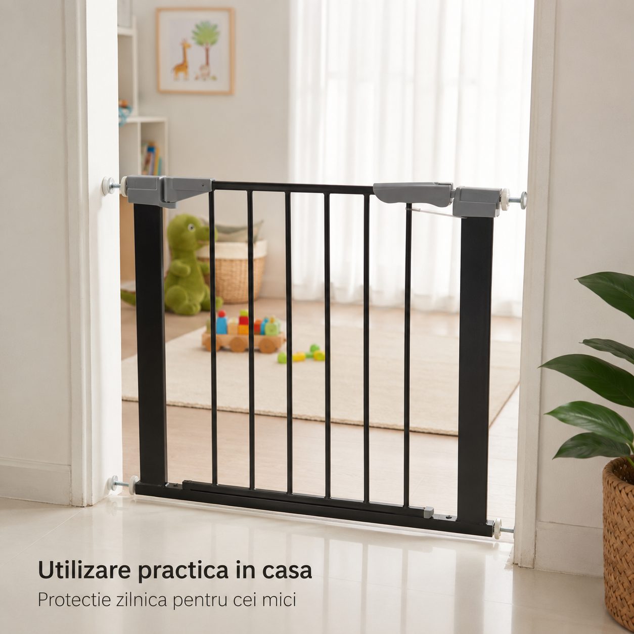 Gard de Siguranta cu Poarta pentru Copii, , Latime 66 cm, Inaltime 76 cm, Teava din Fier Vopsit, Elemente PP, Negru 3