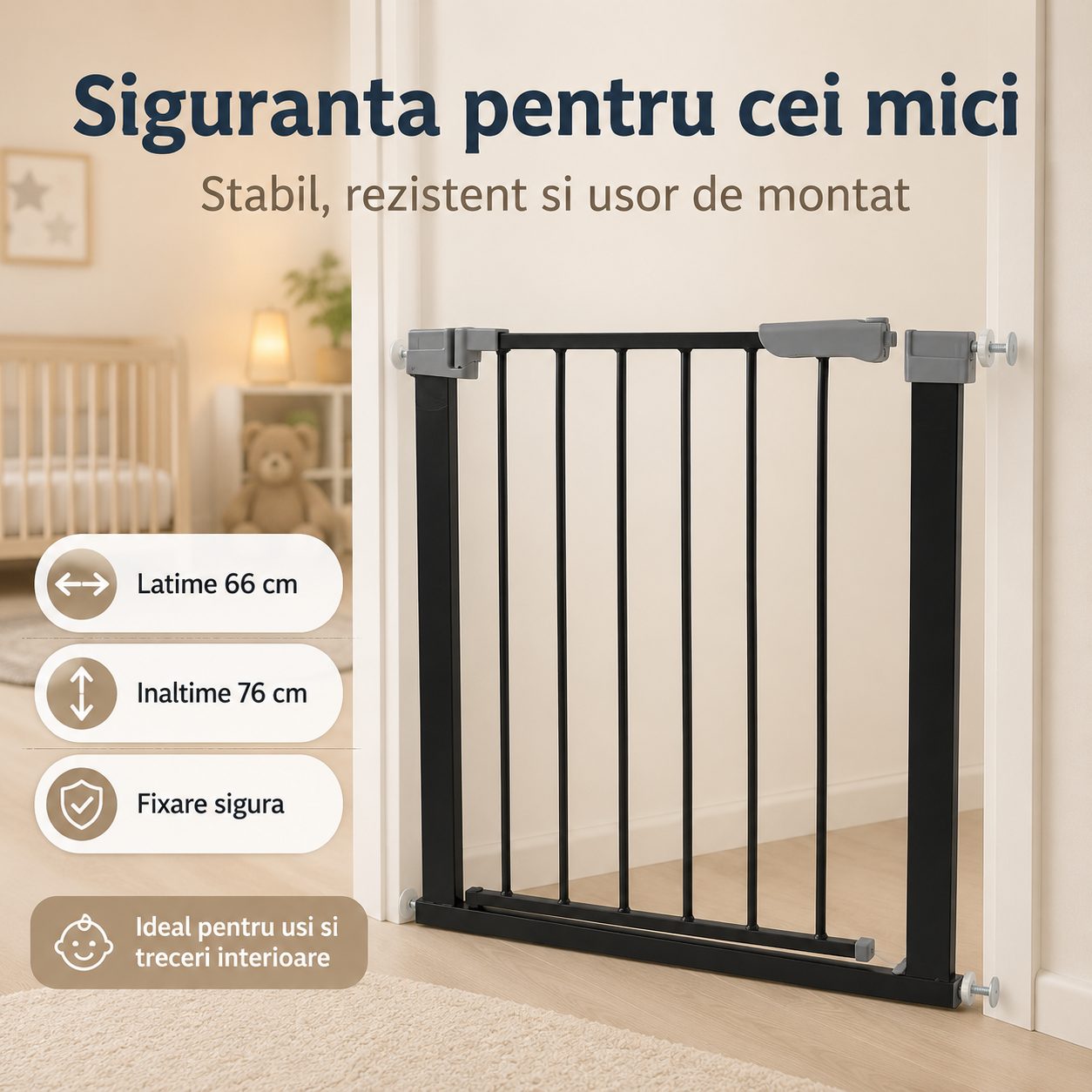 Gard de Siguranta cu Poarta pentru Copii, , Latime 66 cm, Inaltime 76 cm, Teava din Fier Vopsit, Elemente PP, Negru 4