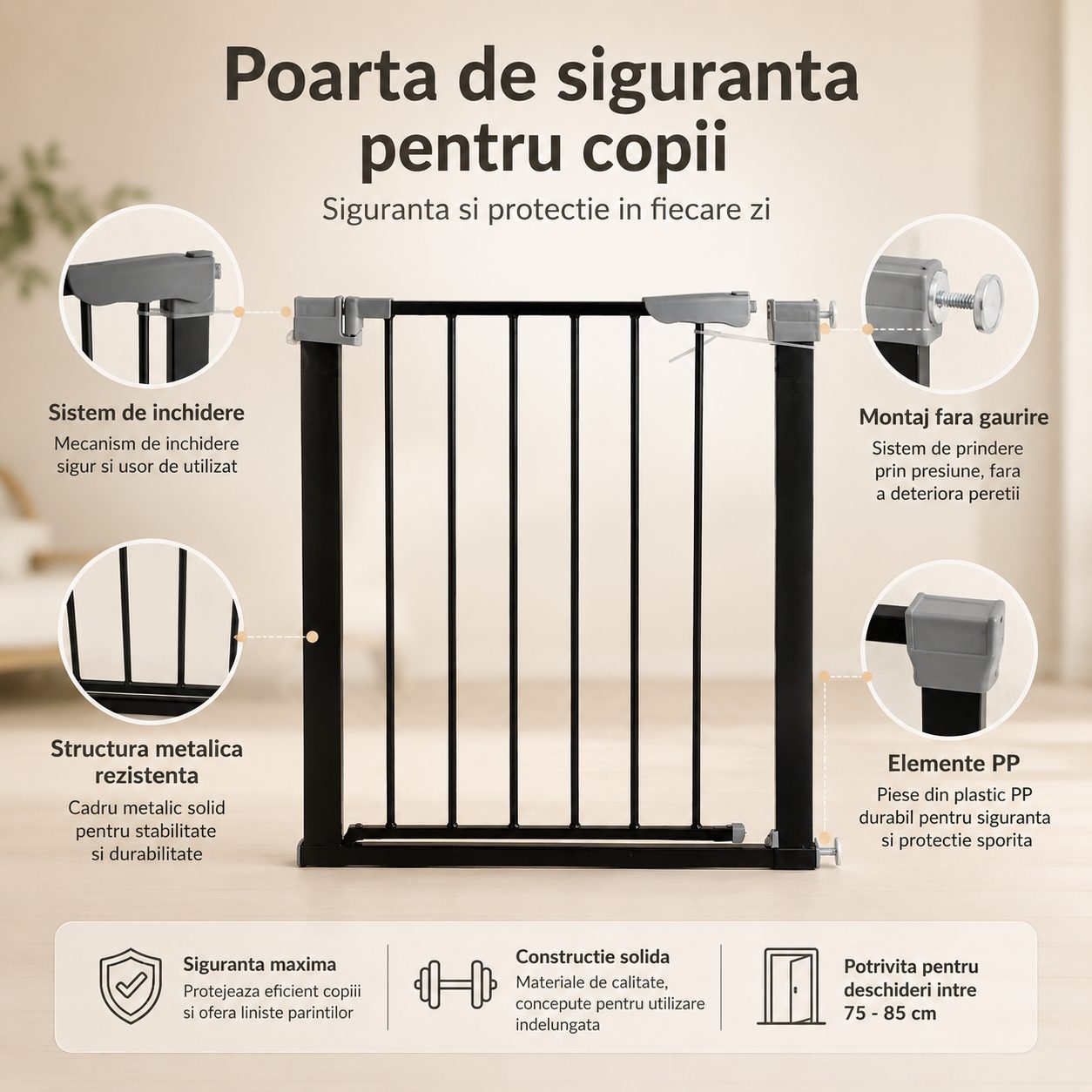 Gard de Siguranta cu Poarta pentru Copii, , Latime 66 cm, Inaltime 76 cm, Teava din Fier Vopsit, Elemente PP, Negru 2