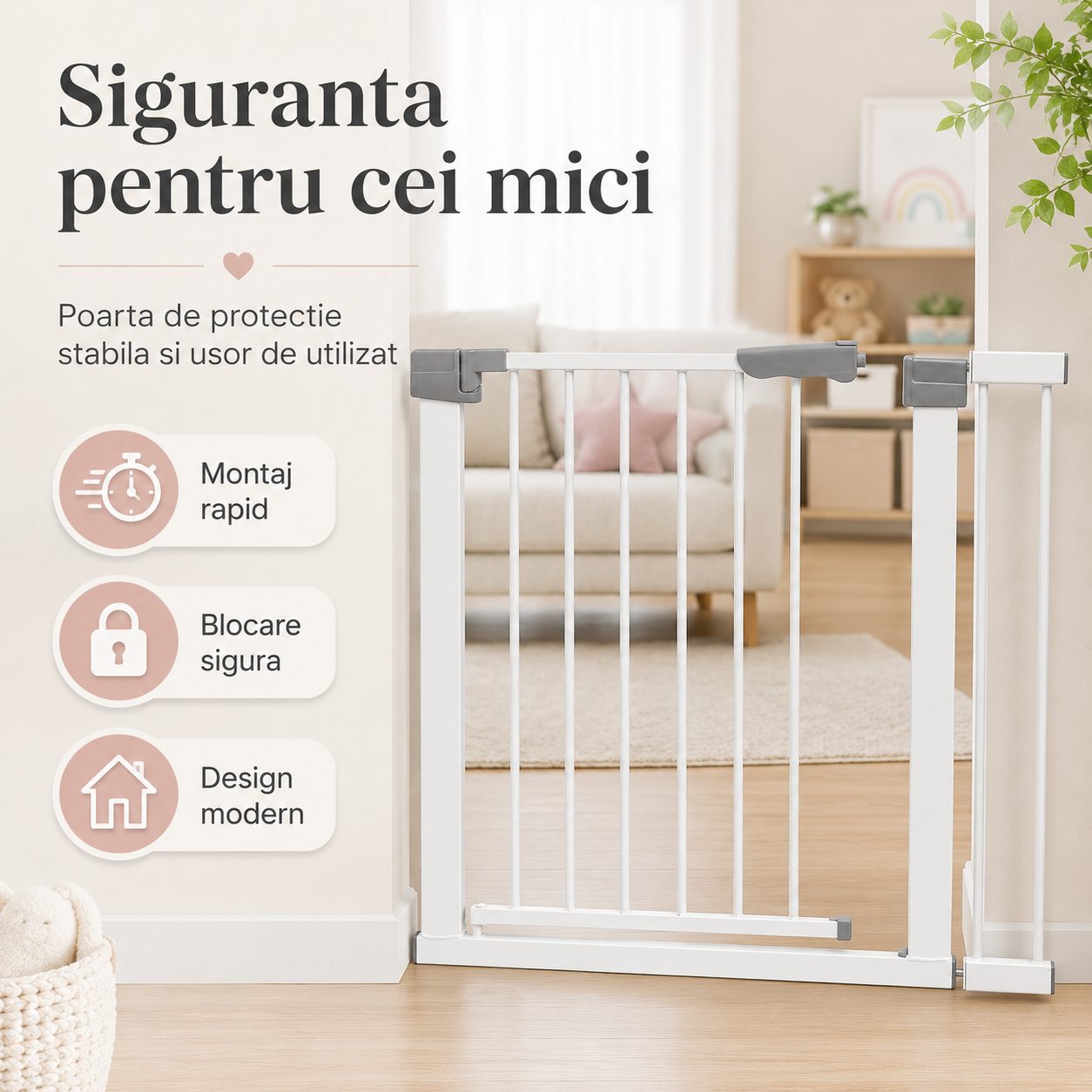 Gard de Siguranta cu Poarta pentru Copii, , Latime 66 cm, Inaltime 76 cm, Teava din Fier Vopsit, Elemente PP, Alb 3