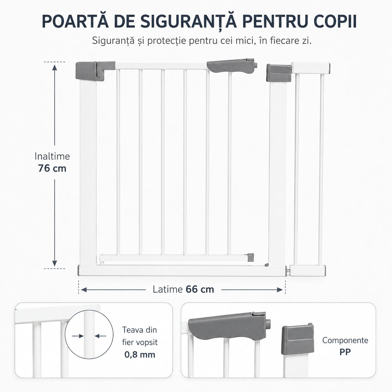 Gard de Siguranta cu Poarta pentru Copii, , Latime 66 cm, Inaltime 76 cm, Teava din Fier Vopsit, Elemente PP, Alb 5