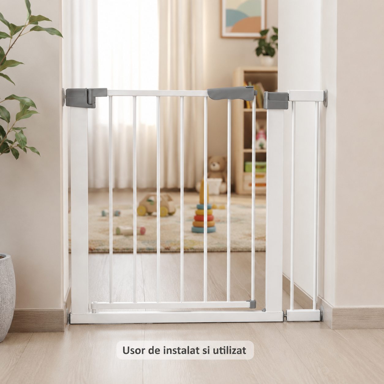 Gard de Siguranta cu Poarta pentru Copii, , Latime 66 cm, Inaltime 76 cm, Teava din Fier Vopsit, Elemente PP, Alb 2