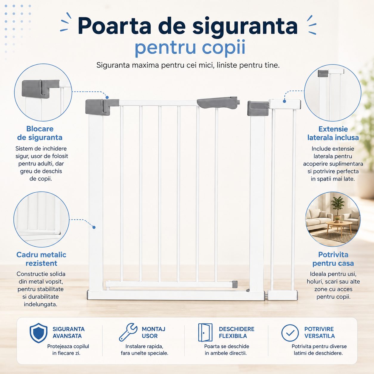 Gard de Siguranta cu Poarta pentru Copii, , Latime 66 cm, Inaltime 76 cm, Teava din Fier Vopsit, Elemente PP, Alb 4
