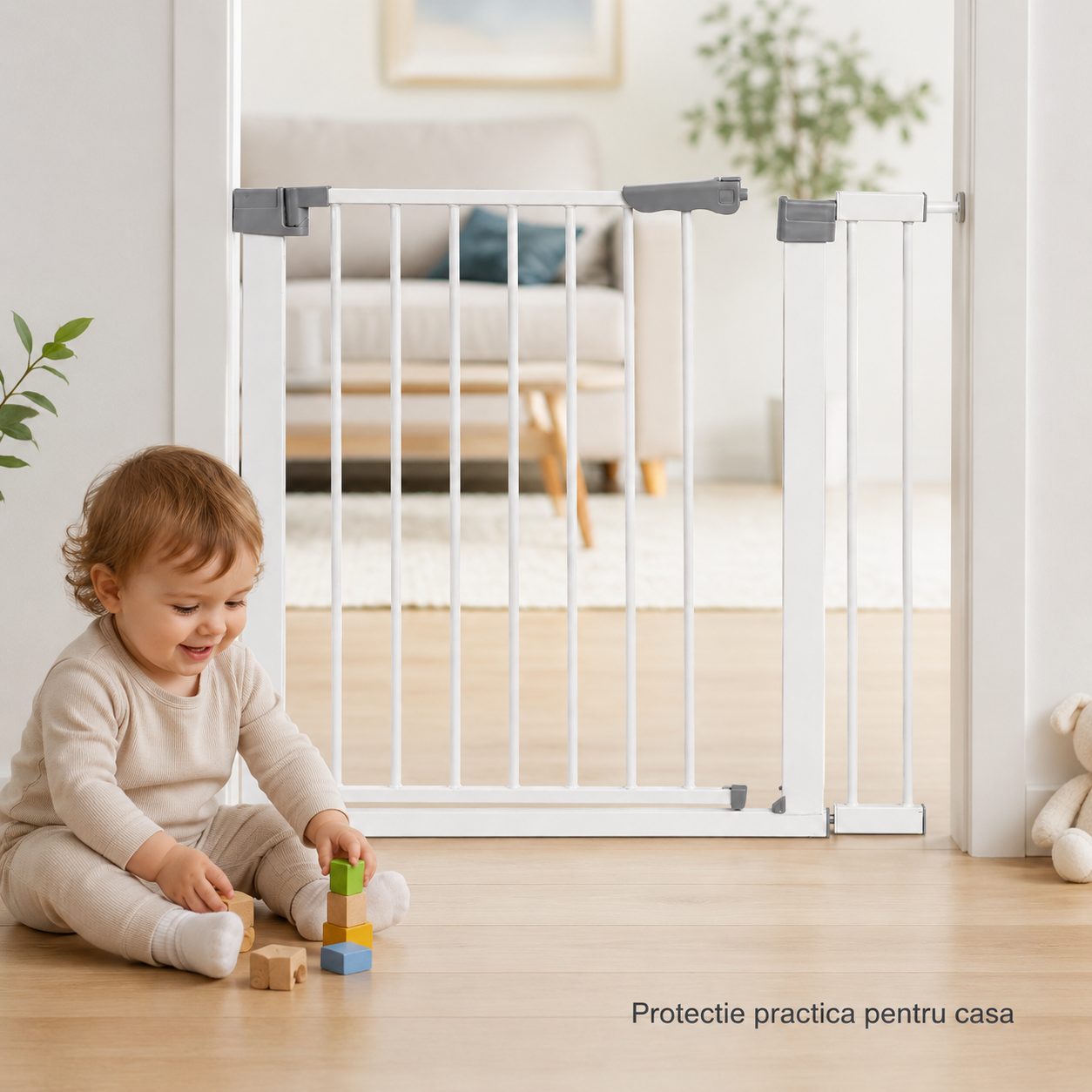 Gard de Siguranta cu Poarta pentru Copii, , Latime 72 cm, Inaltime 76 cm, Teava din Fier Vopsit, Elemente PP, Alb 2