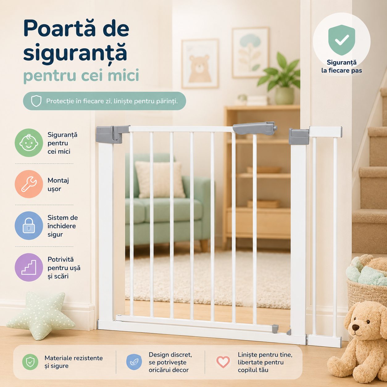 Gard de Siguranta cu Poarta pentru Copii, , Latime 72 cm, Inaltime 76 cm, Teava din Fier Vopsit, Elemente PP, Alb 5
