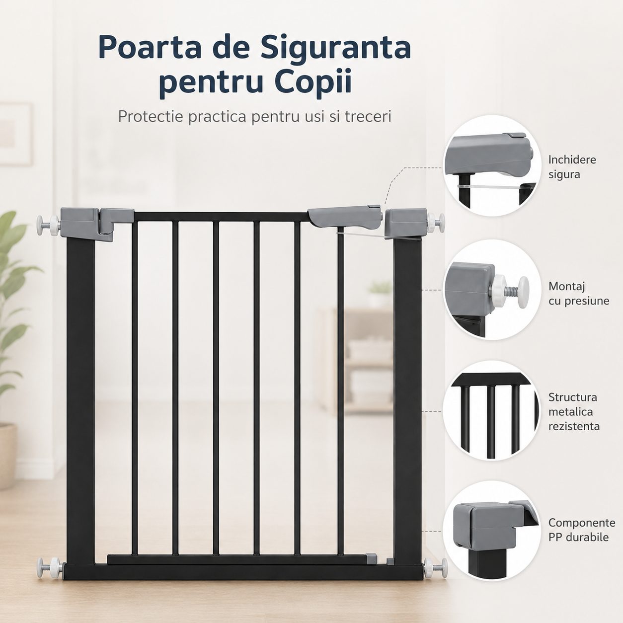 Gard de Siguranta cu Poarta pentru Copii, , Latime 72 cm, Inaltime 76 cm, Teava din Fier Vopsit, Elemente PP, Negru 4