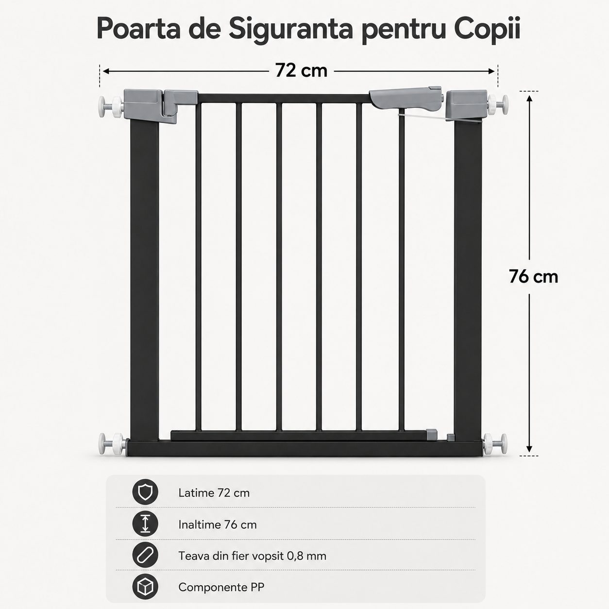 Gard de Siguranta cu Poarta pentru Copii, , Latime 72 cm, Inaltime 76 cm, Teava din Fier Vopsit, Elemente PP, Negru 2