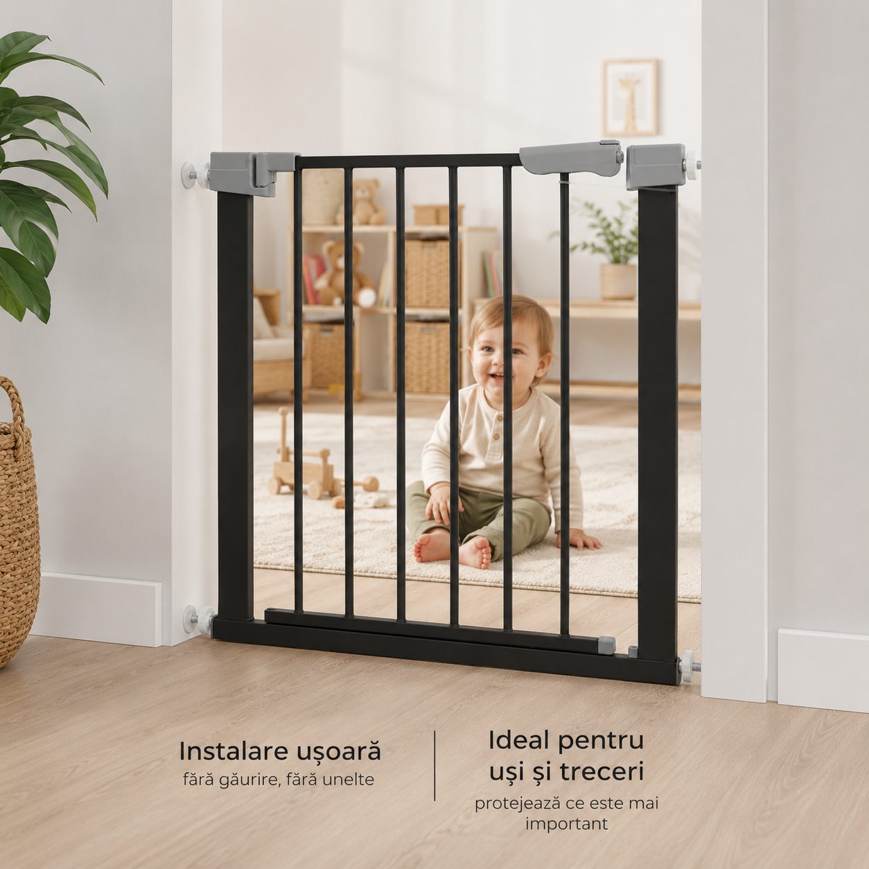 Gard de Siguranta cu Poarta pentru Copii, , Latime 72 cm, Inaltime 76 cm, Teava din Fier Vopsit, Elemente PP, Negru 5