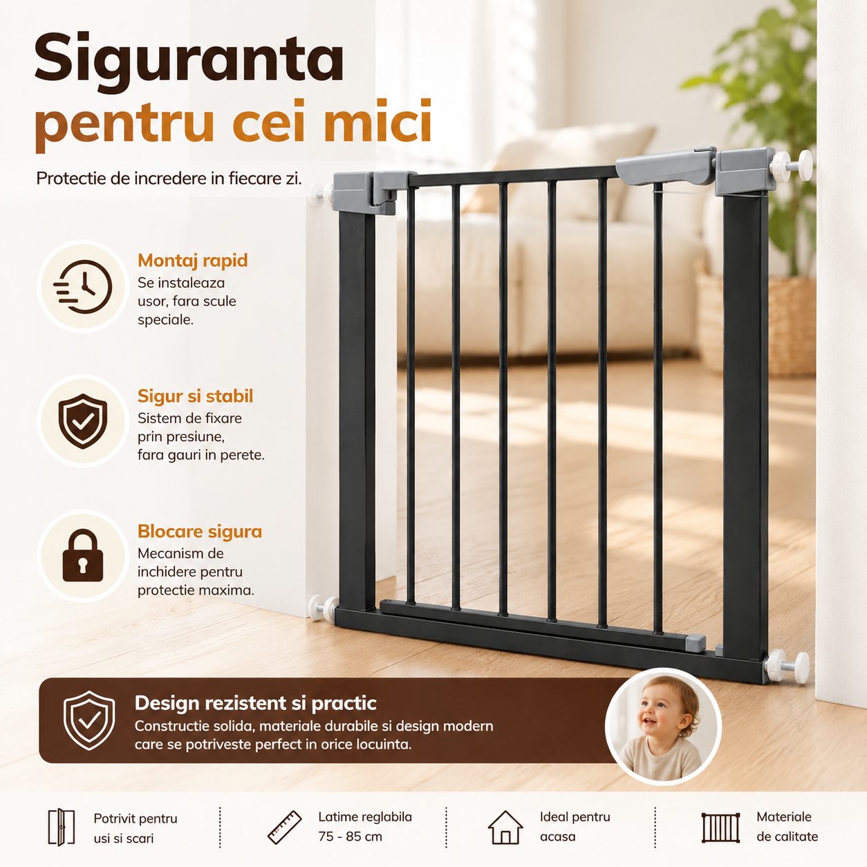 Gard de Siguranta cu Poarta pentru Copii, , Latime 72 cm, Inaltime 76 cm, Teava din Fier Vopsit, Elemente PP, Negru 3