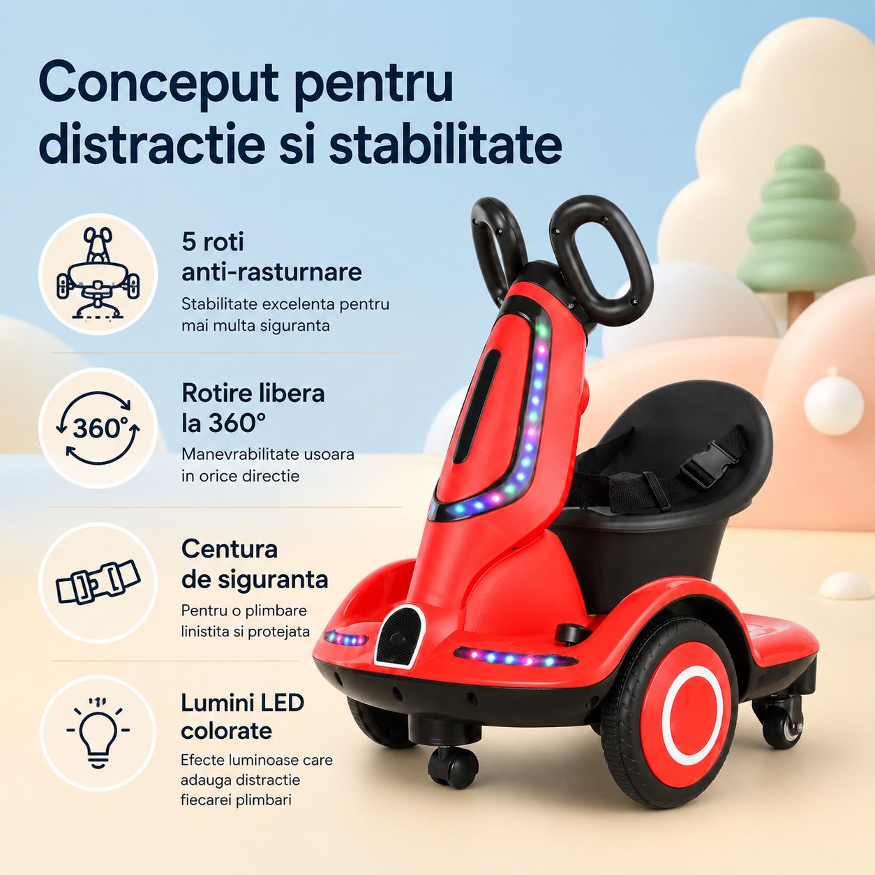 Masinuta Electrica pentru Copii, , Model Kart cu Rotire 360°, Telecomanda, Baterie Mare, pentru Baieti si Fete, Rosu 4