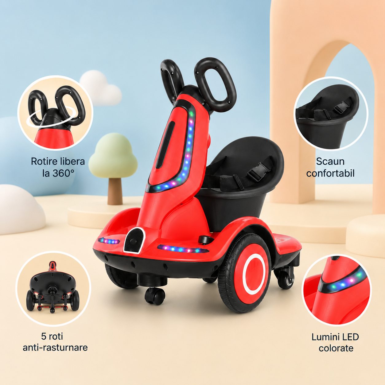 Masinuta Electrica pentru Copii, , Model Kart cu Rotire 360°, Telecomanda, Baterie Mare, pentru Baieti si Fete, Rosu 3