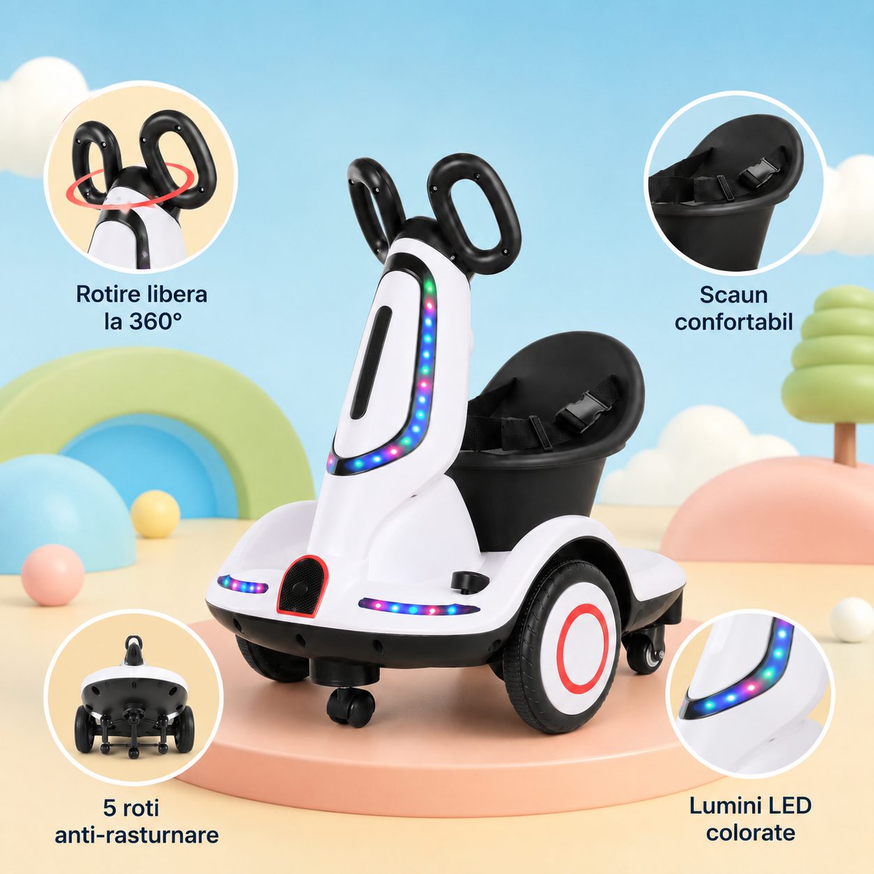 Masinuta Electrica pentru Copii, Flippy, Model Kart cu Rotire 360°, Telecomanda Inclusa, Baterie Mare, Multicolor