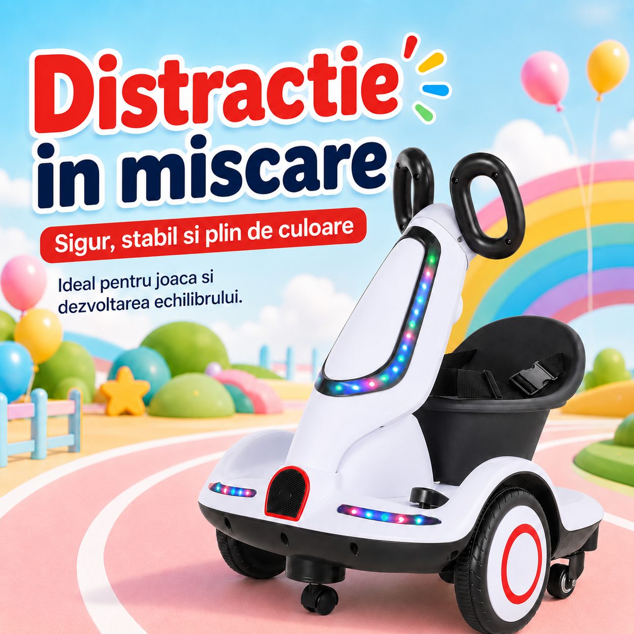 Masinuta Electrica pentru Copii, Flippy, Model Kart cu Rotire 360°, Telecomanda Inclusa, Baterie Mare, Multicolor