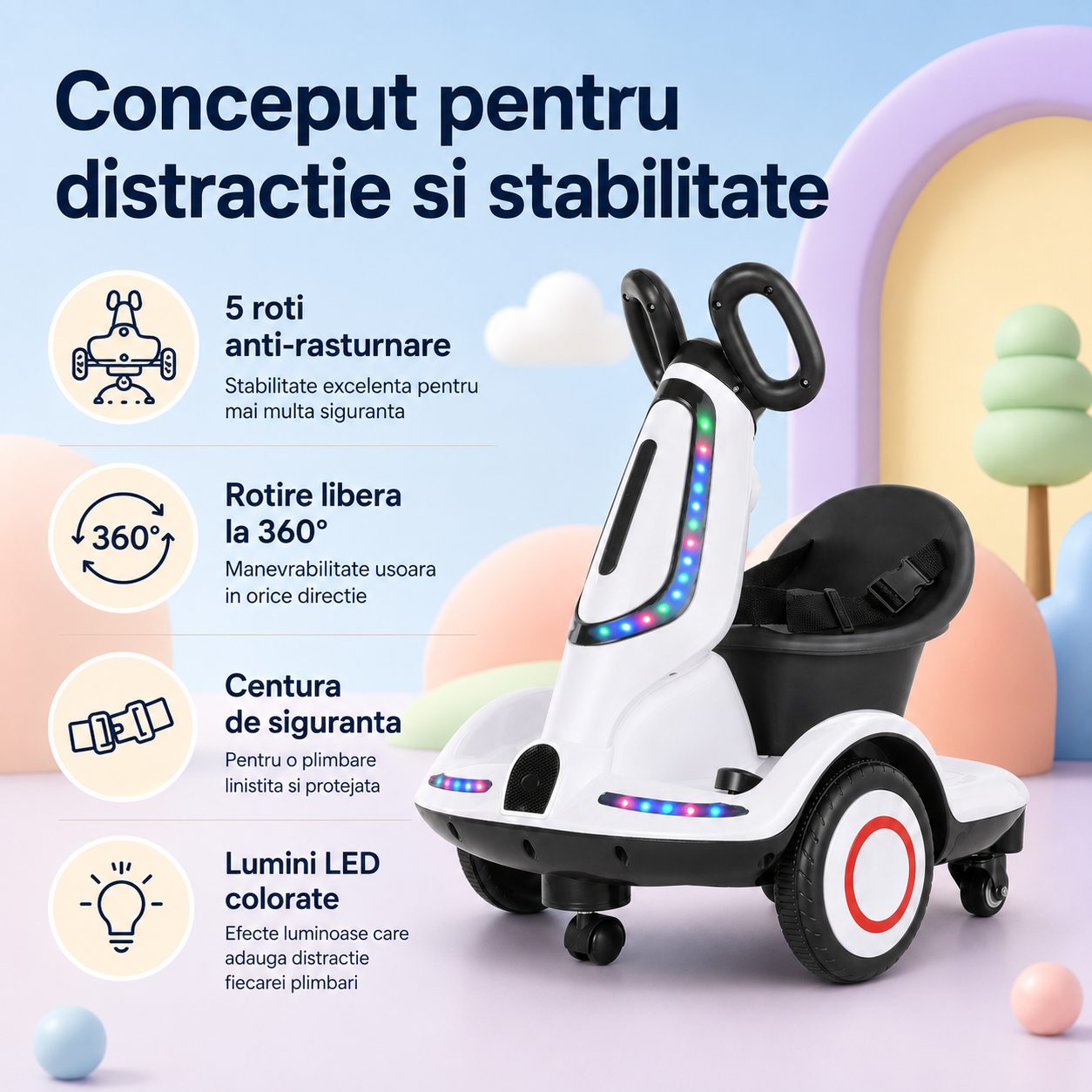 Masinuta Electrica pentru Copii, , Model Kart cu Rotire 360°, Telecomanda, Baterie Mare, pentru Baieti si Fete, Alb 5