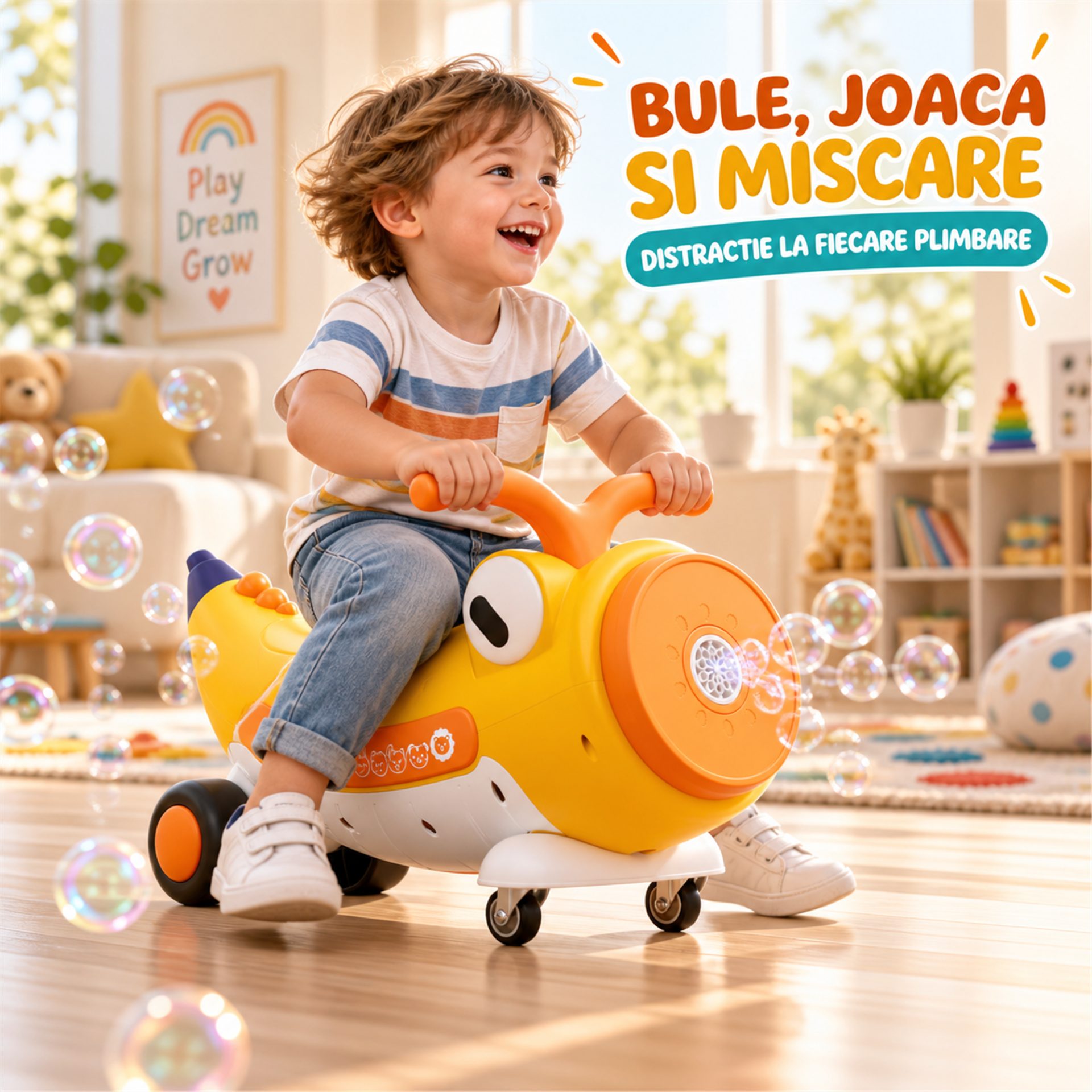 Detaliu roți și ghidon mașinuță Flippy