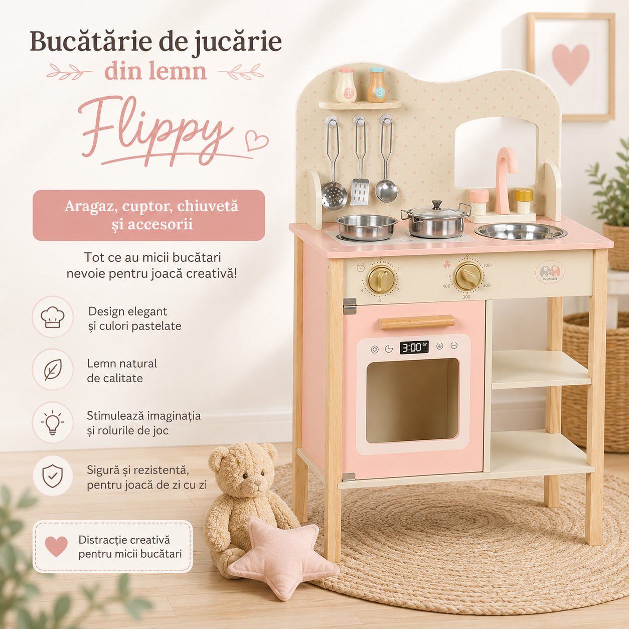 Jucarie Bucatarie din Lemn, , Set pentru Copii cu Aragaz, Cuptor, Chiuveta, Rafturi si Accesorii de Gatit, Roz 2