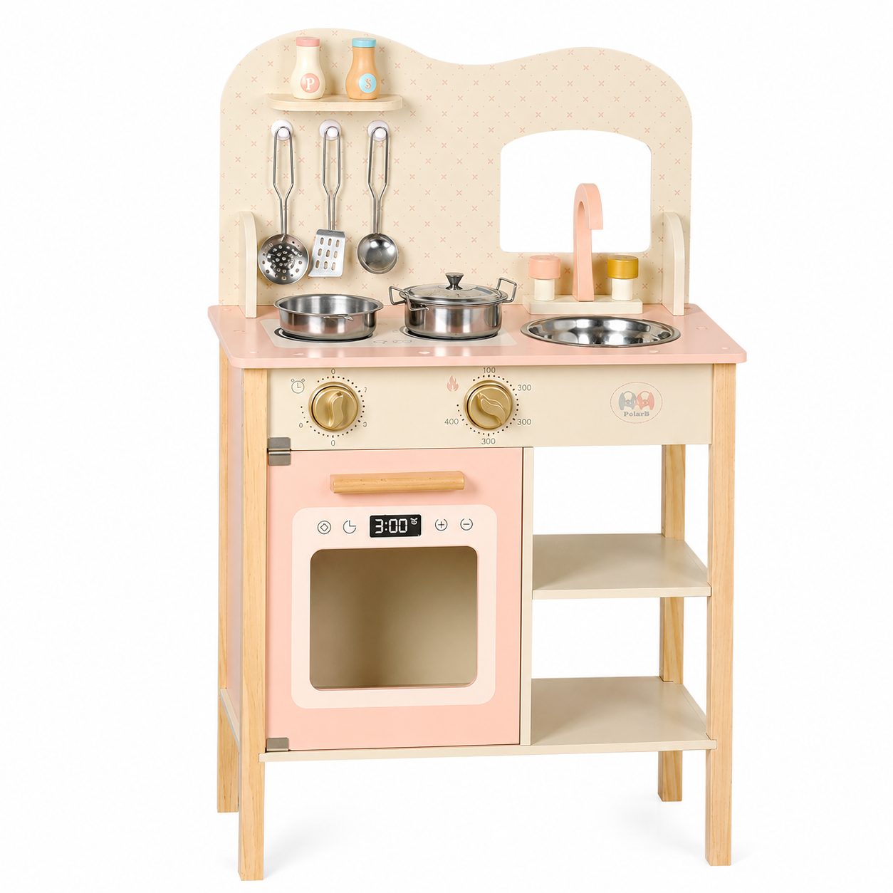 Jucarie Bucatarie din Lemn, , Set pentru Copii cu Aragaz, Cuptor, Chiuveta, Rafturi si Accesorii de Gatit, Roz 1