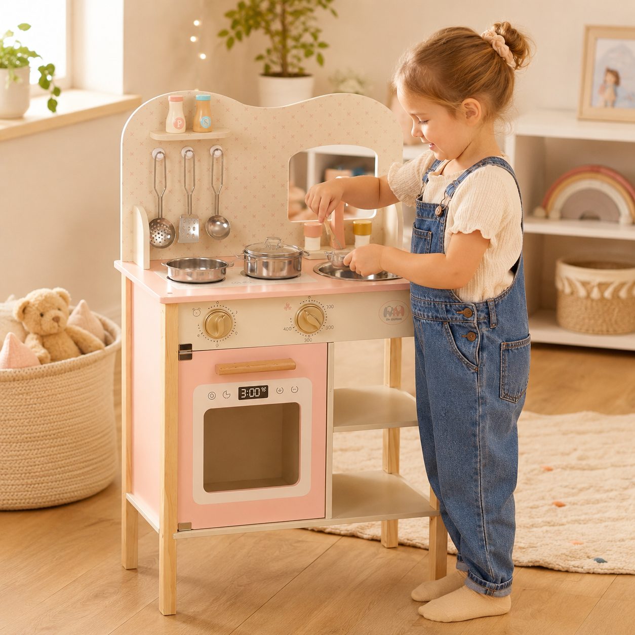 Jucarie Bucatarie din Lemn, , Set pentru Copii cu Aragaz, Cuptor, Chiuveta, Rafturi si Accesorii de Gatit, Roz 3