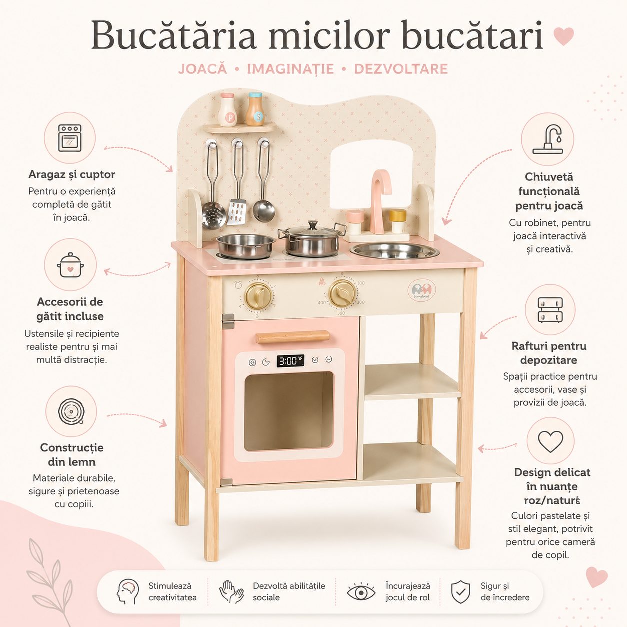 Jucarie Bucatarie din Lemn, , Set pentru Copii cu Aragaz, Cuptor, Chiuveta, Rafturi si Accesorii de Gatit, Roz 4