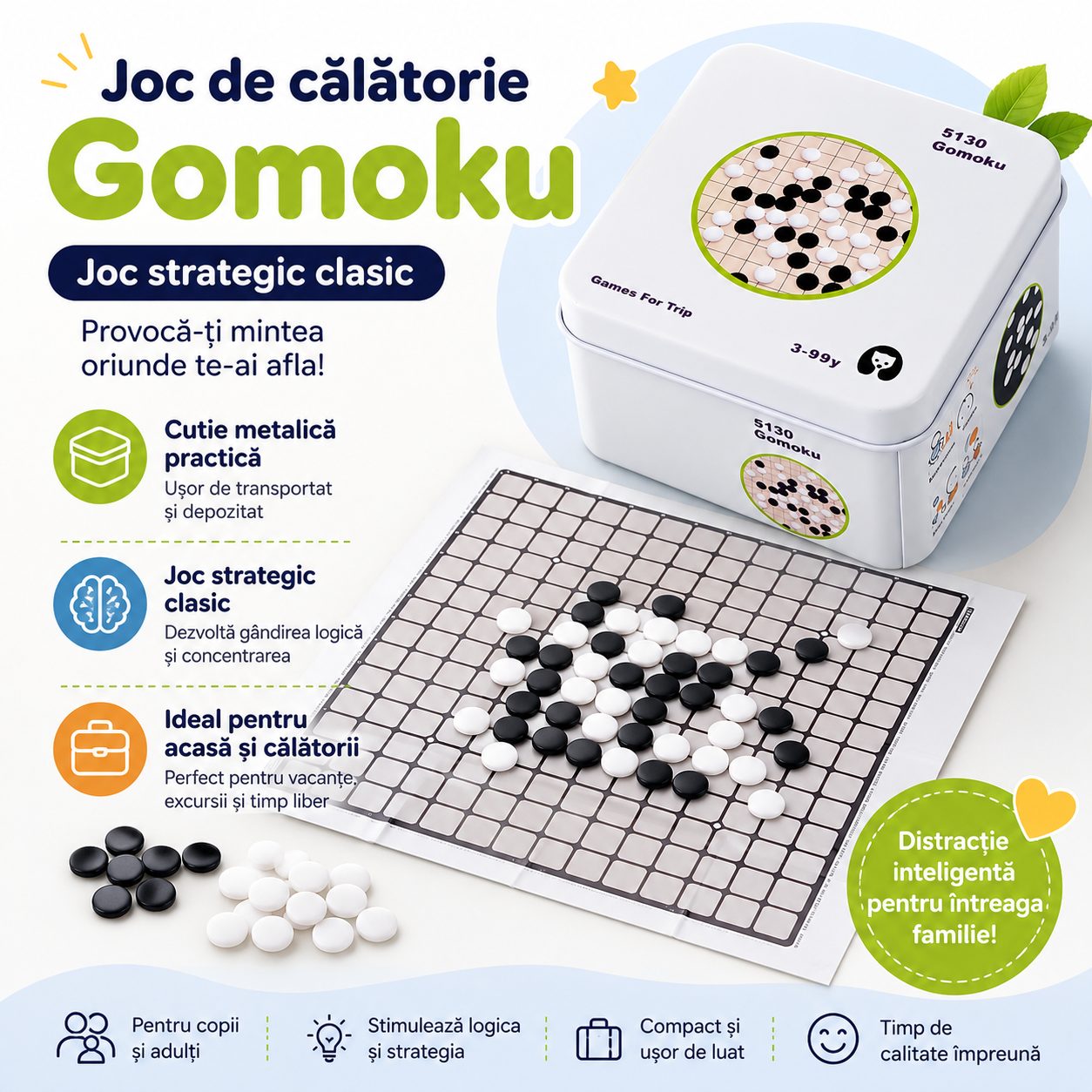 Jucarie Educativa din Lemn, , Joc de Strategie Gomoku Five in a Row cu Cutie Metalica, Dezvolta Gandirea Logica si Concentrarea, Alb/Negru 4