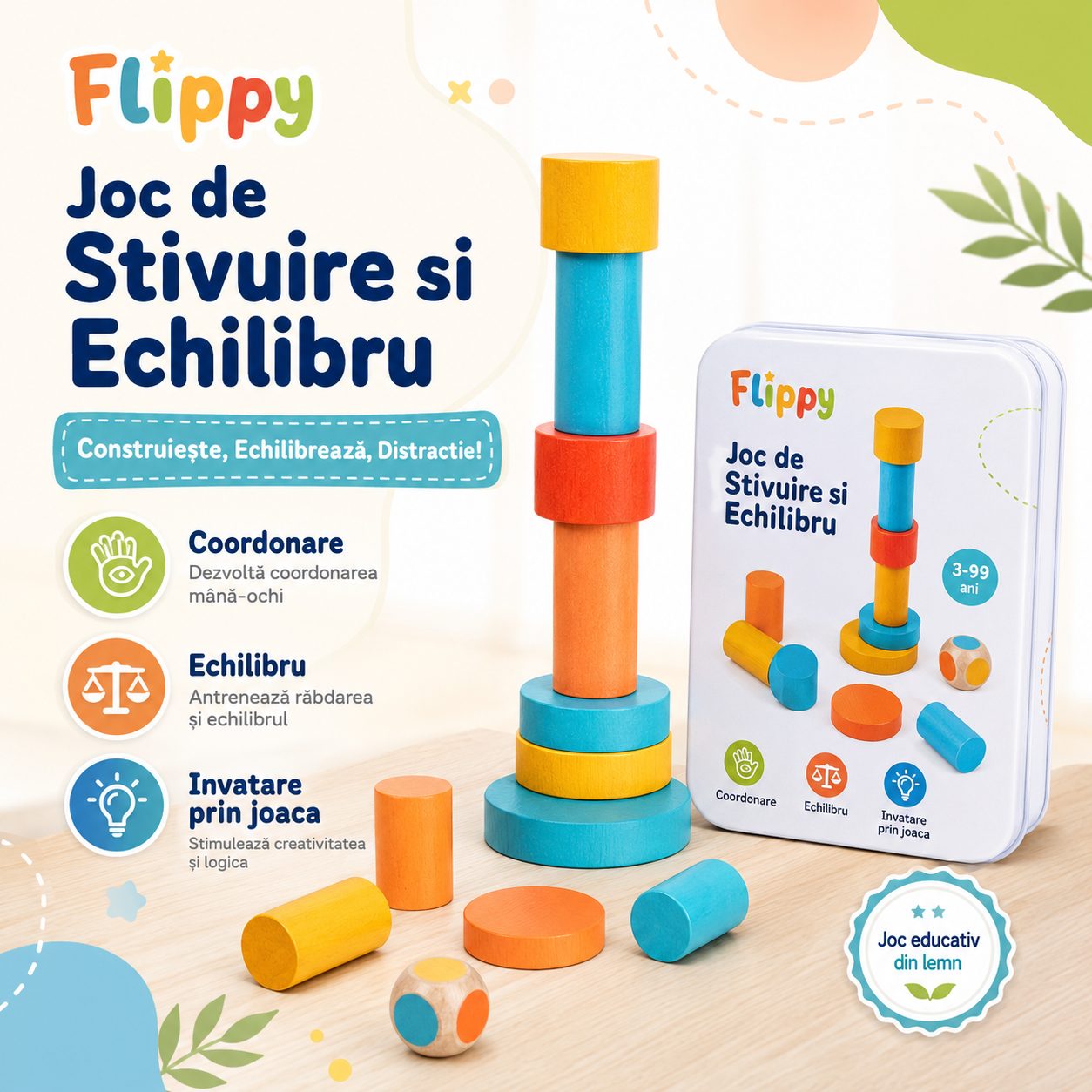 Jucarie Educativa din Lemn, , Joc de Echilibru, Piese Colorate cu Zar, Cutie Metalica pentru Depozitare, 15 cm, Multicolor 2