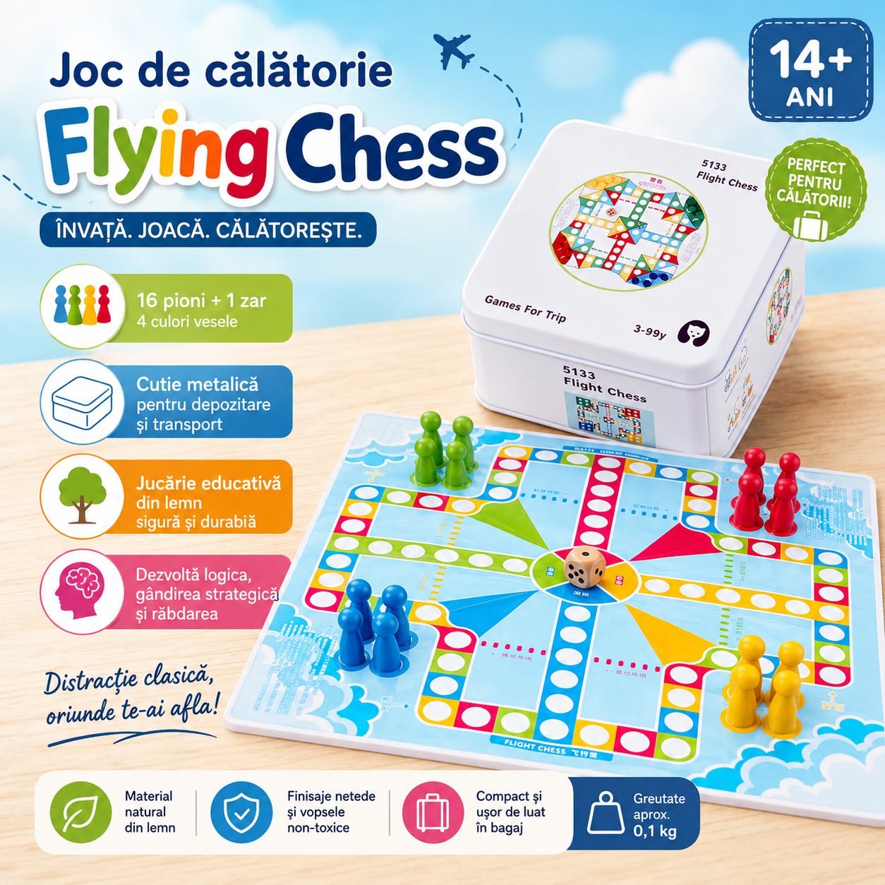Joc de Societate Board Game de Calatorie, , Flying Chess, 2-4 Jucatori, 16 Pioni, Zar si Tabla de Joc, Cutie Metalica, Multicolor 2