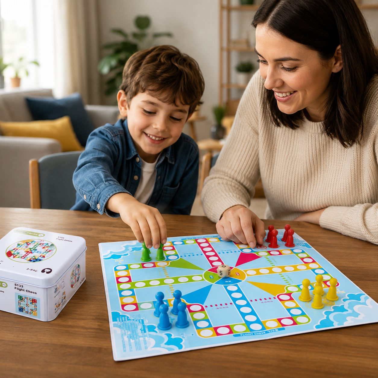 Joc de Societate Board Game de Calatorie, , Flying Chess, 2-4 Jucatori, 16 Pioni, Zar si Tabla de Joc, Cutie Metalica, Multicolor 3