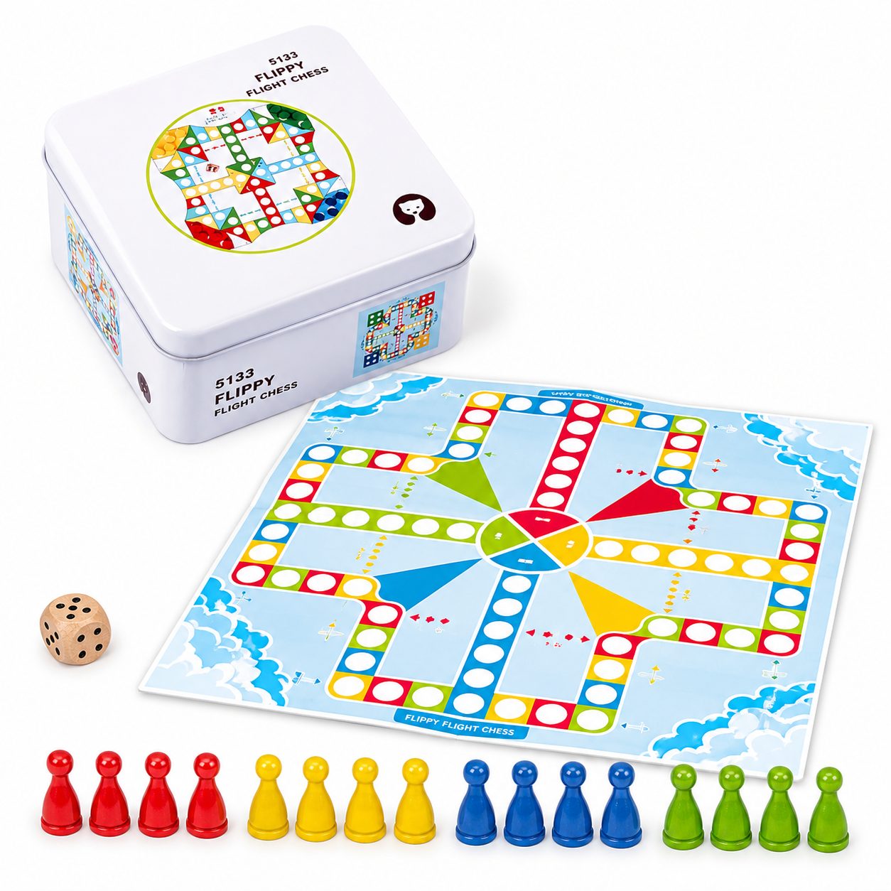 Joc de Societate Board Game de Calatorie, , Flying Chess, 2-4 Jucatori, 16 Pioni, Zar si Tabla de Joc, Cutie Metalica, Multicolor 1