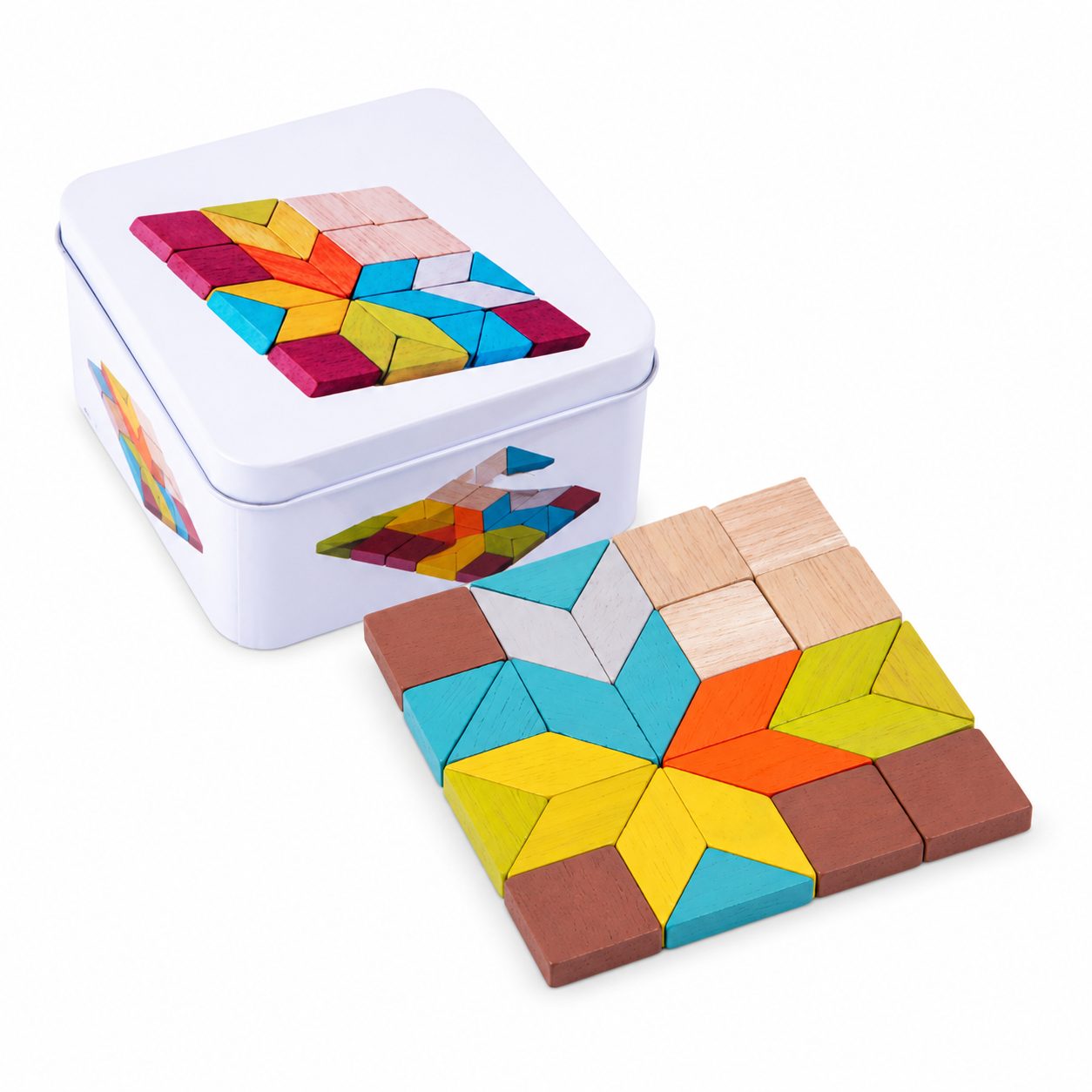Jucarie Educativa din Lemn, , Puzzle Mozaic Montessori, 26 Piese Geometrice, Cutie Metalica pentru Depozitare, 100 g, Multicolor 1