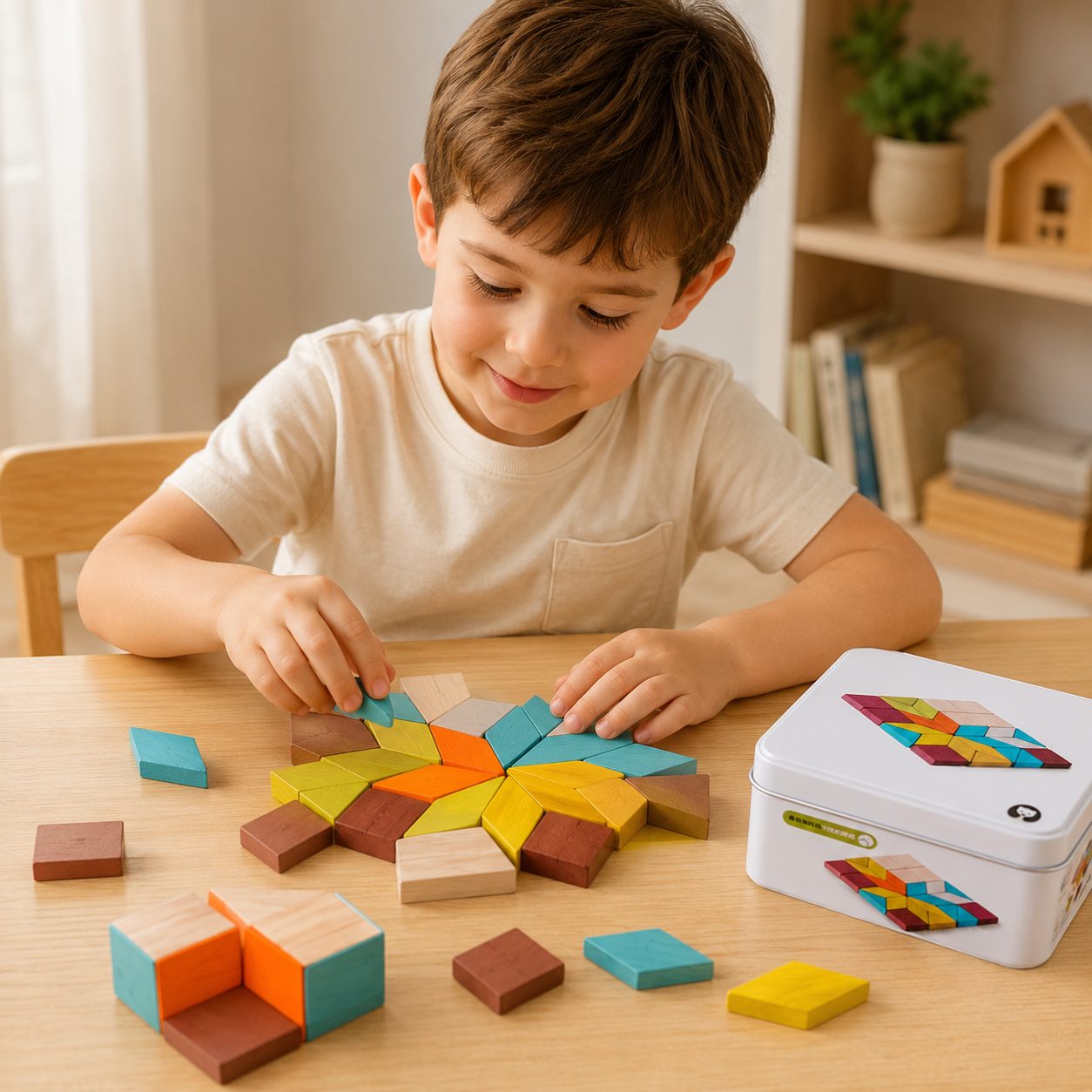 Jucarie Educativa din Lemn, , Puzzle Mozaic Montessori, 26 Piese Geometrice, Cutie Metalica pentru Depozitare, 100 g, Multicolor 3