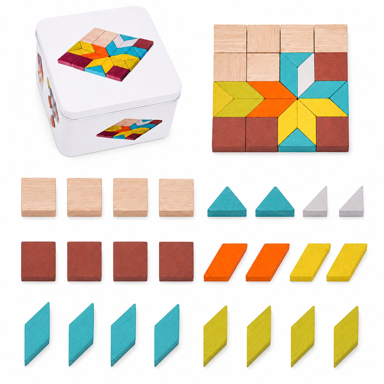 Jucarie Educativa din Lemn, , Puzzle Mozaic Montessori, 26 Piese Geometrice, Cutie Metalica pentru Depozitare, 100 g, Multicolor 4