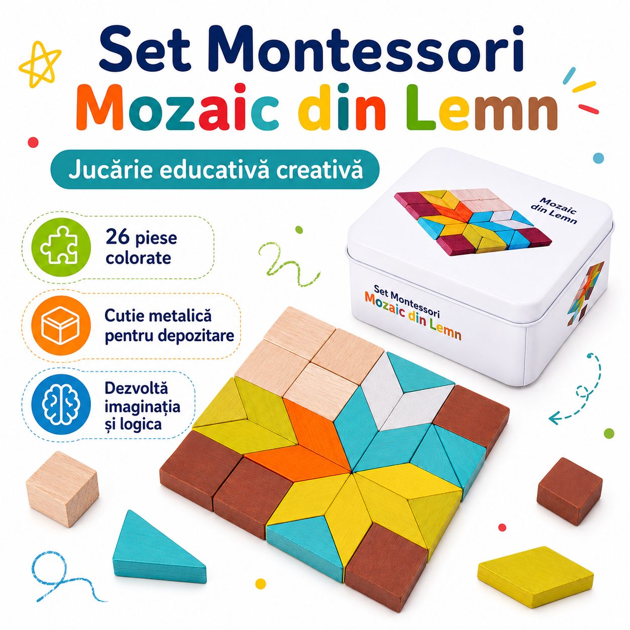 Jucarie Educativa din Lemn, , Puzzle Mozaic Montessori, 26 Piese Geometrice, Cutie Metalica pentru Depozitare, 100 g, Multicolor 2