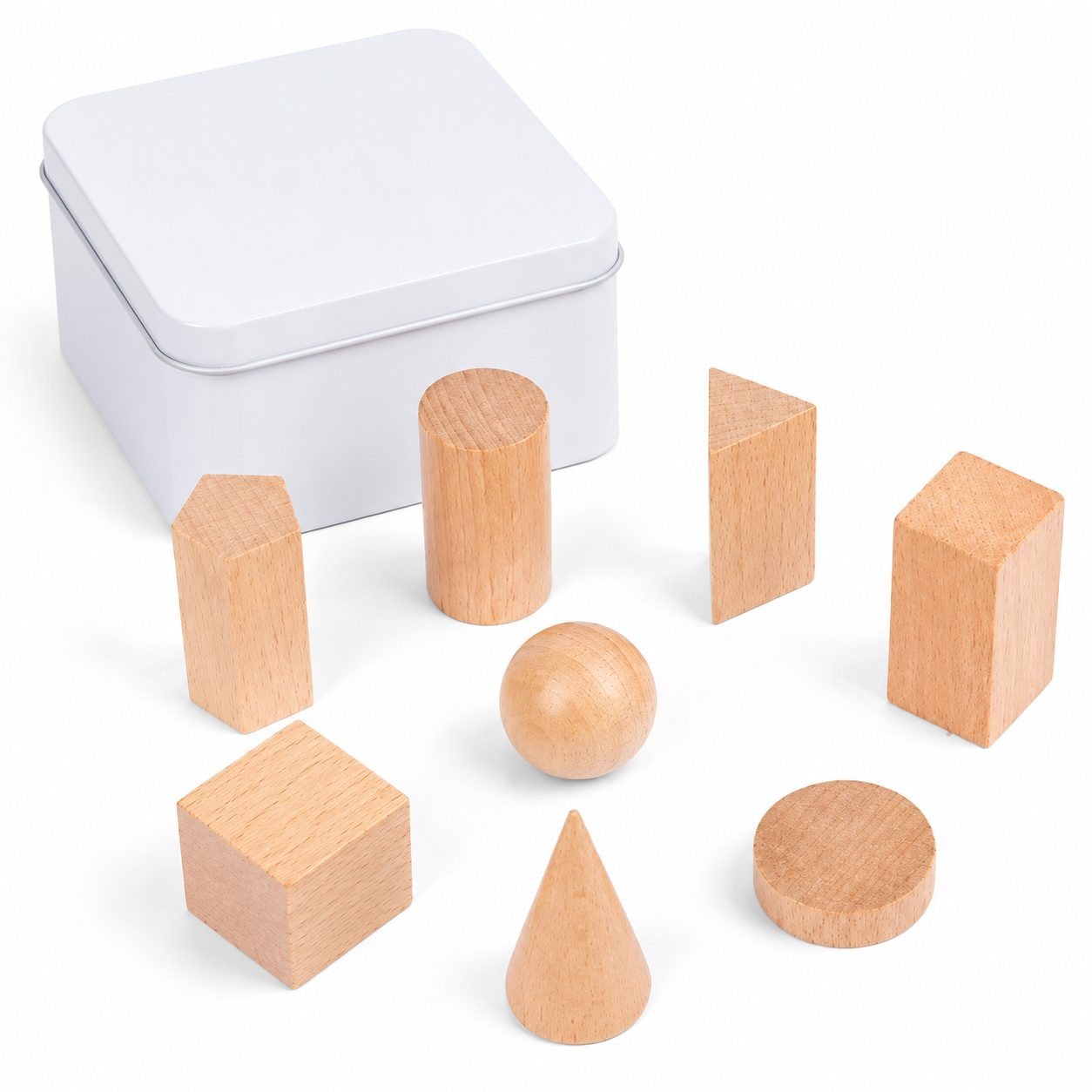 Jucarie Educativa din Lemn, , Set Montessori cu 7 Forme Geometrice 3D, Cutie Metalica, 8 Piese, 0.19 kg, Natur 1