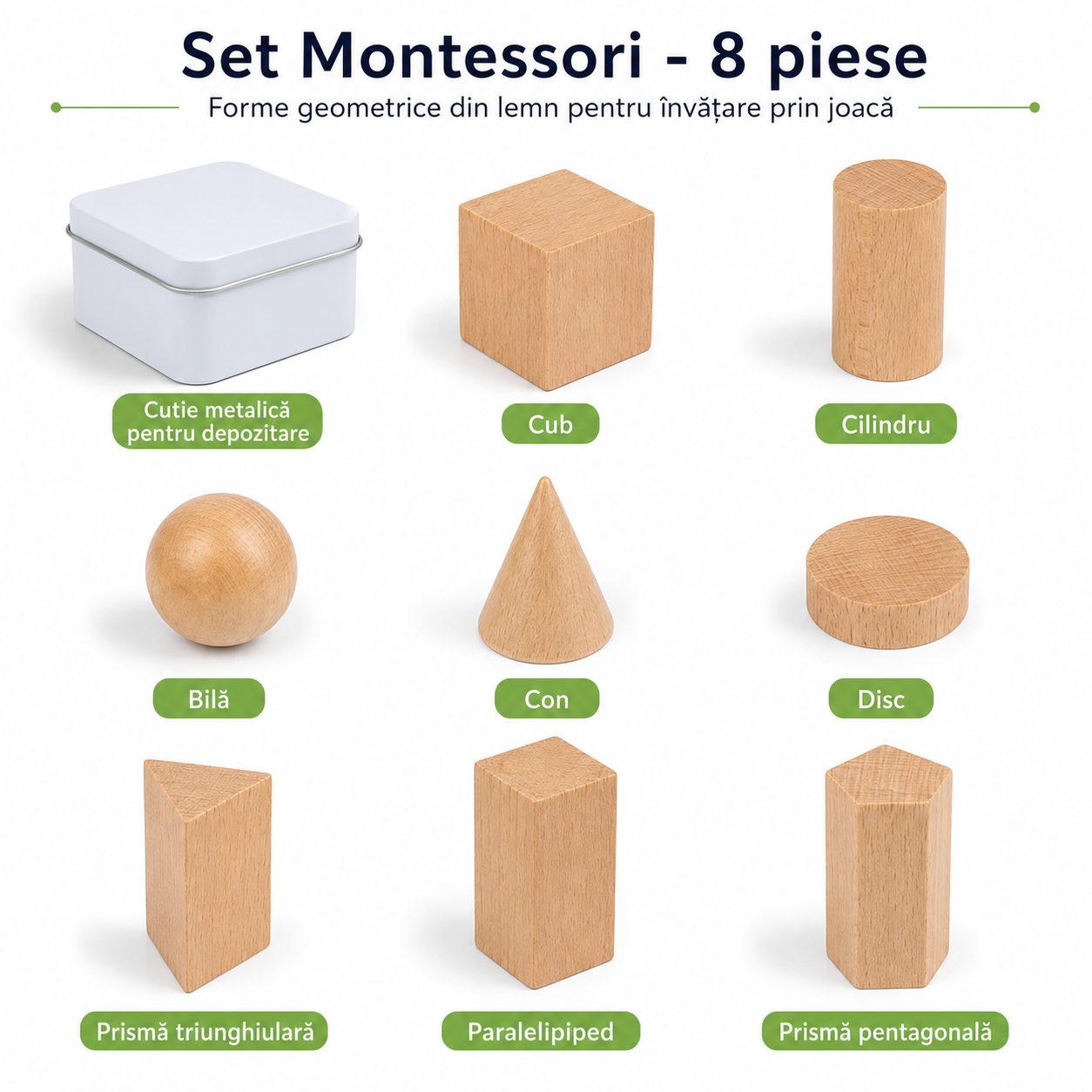 Jucarie Educativa din Lemn, , Set Montessori cu 7 Forme Geometrice 3D, Cutie Metalica, 8 Piese, 0.19 kg, Natur 2