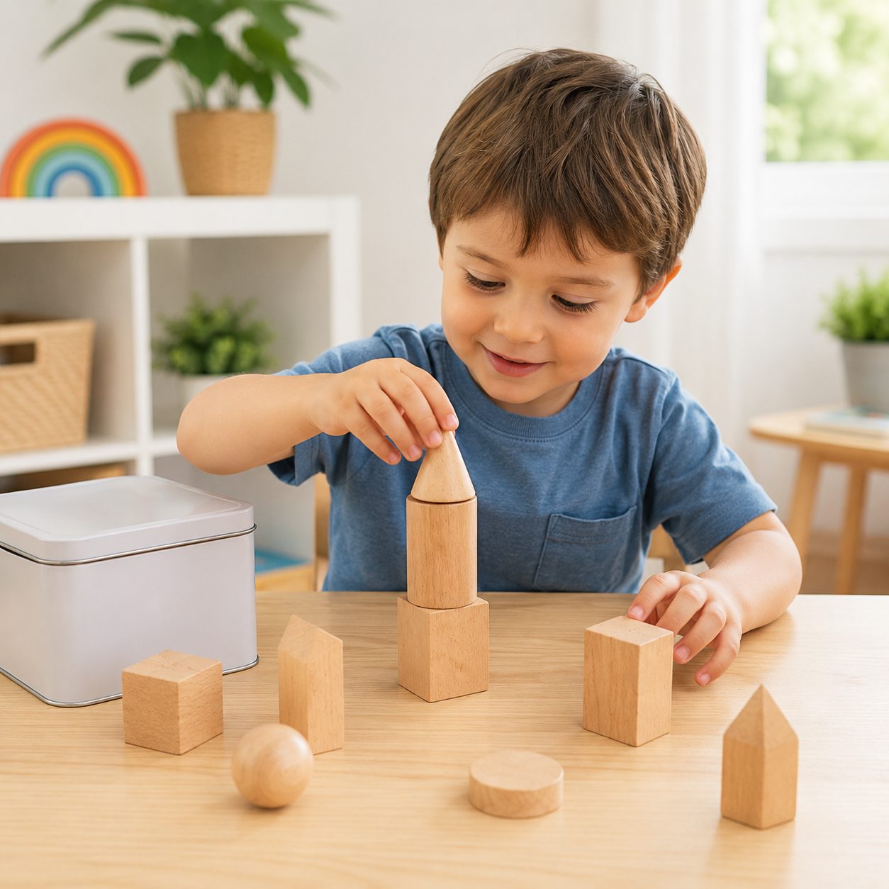 Jucarie Educativa din Lemn, , Set Montessori cu 7 Forme Geometrice 3D, Cutie Metalica, 8 Piese, 0.19 kg, Natur 4