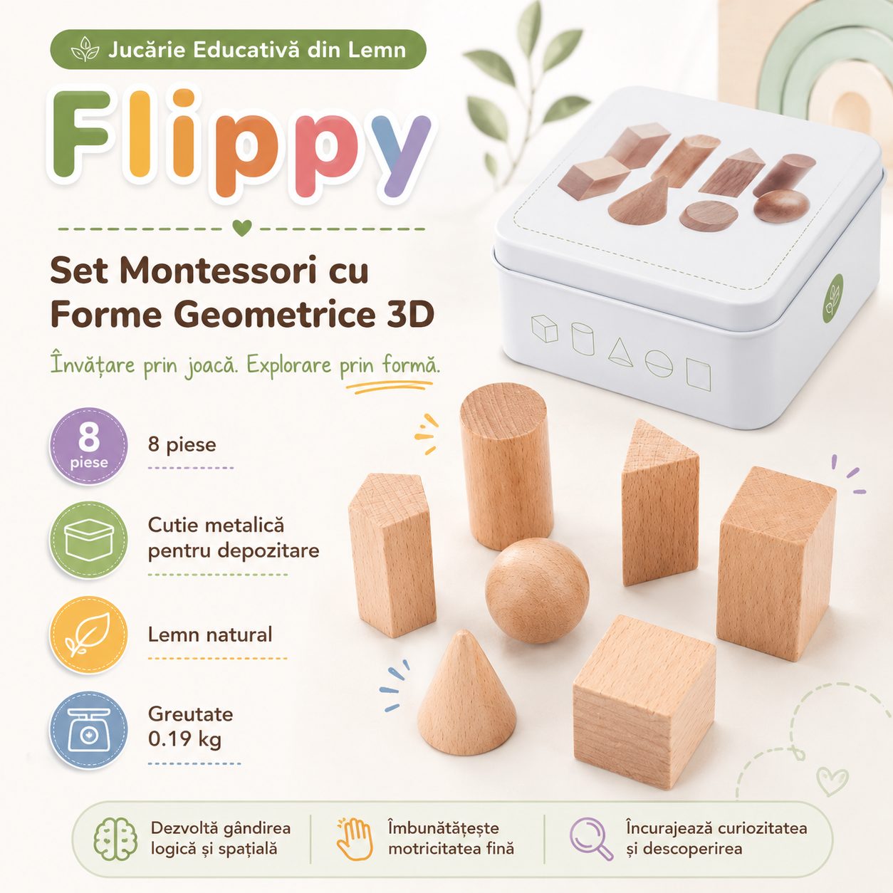 Jucarie Educativa din Lemn, , Set Montessori cu 7 Forme Geometrice 3D, Cutie Metalica, 8 Piese, 0.19 kg, Natur 3