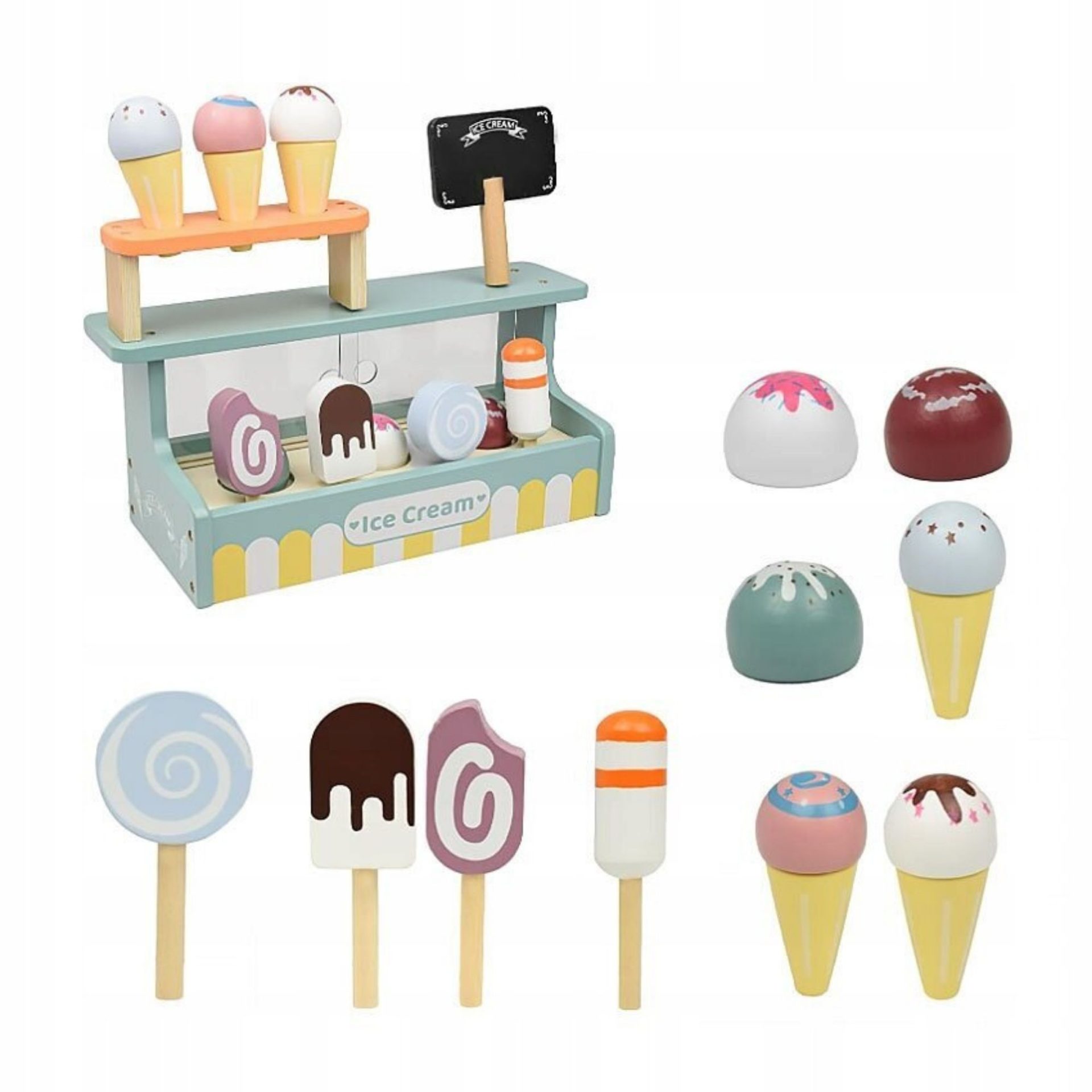 Set de Joaca Montessori, , Stand de Inghetata din Lemn cu Elemente Magnetice, Jucarie Educativa si Interactiva pentru Copii, Joc de Rol Complet, 3 ani+, Multicolor 2
