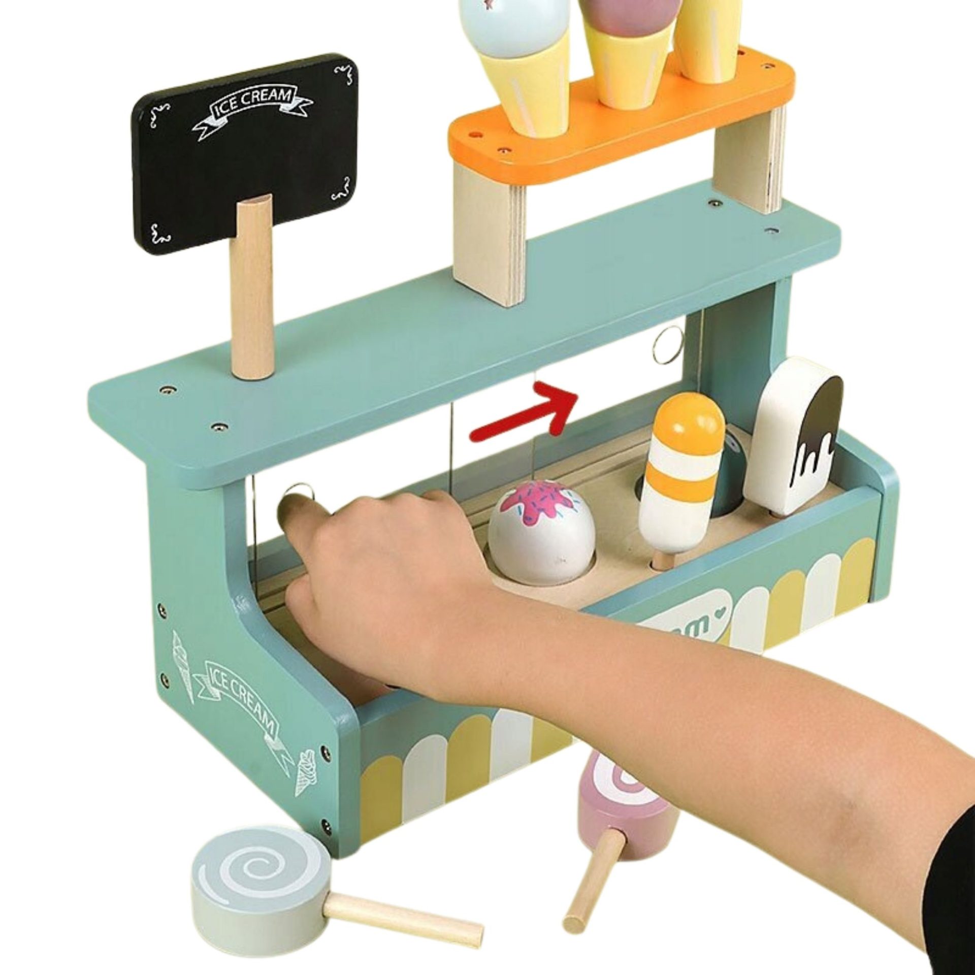 Set de Joaca Montessori, , Stand de Inghetata din Lemn cu Elemente Magnetice, Jucarie Educativa si Interactiva pentru Copii, Joc de Rol Complet, 3 ani+, Multicolor 5
