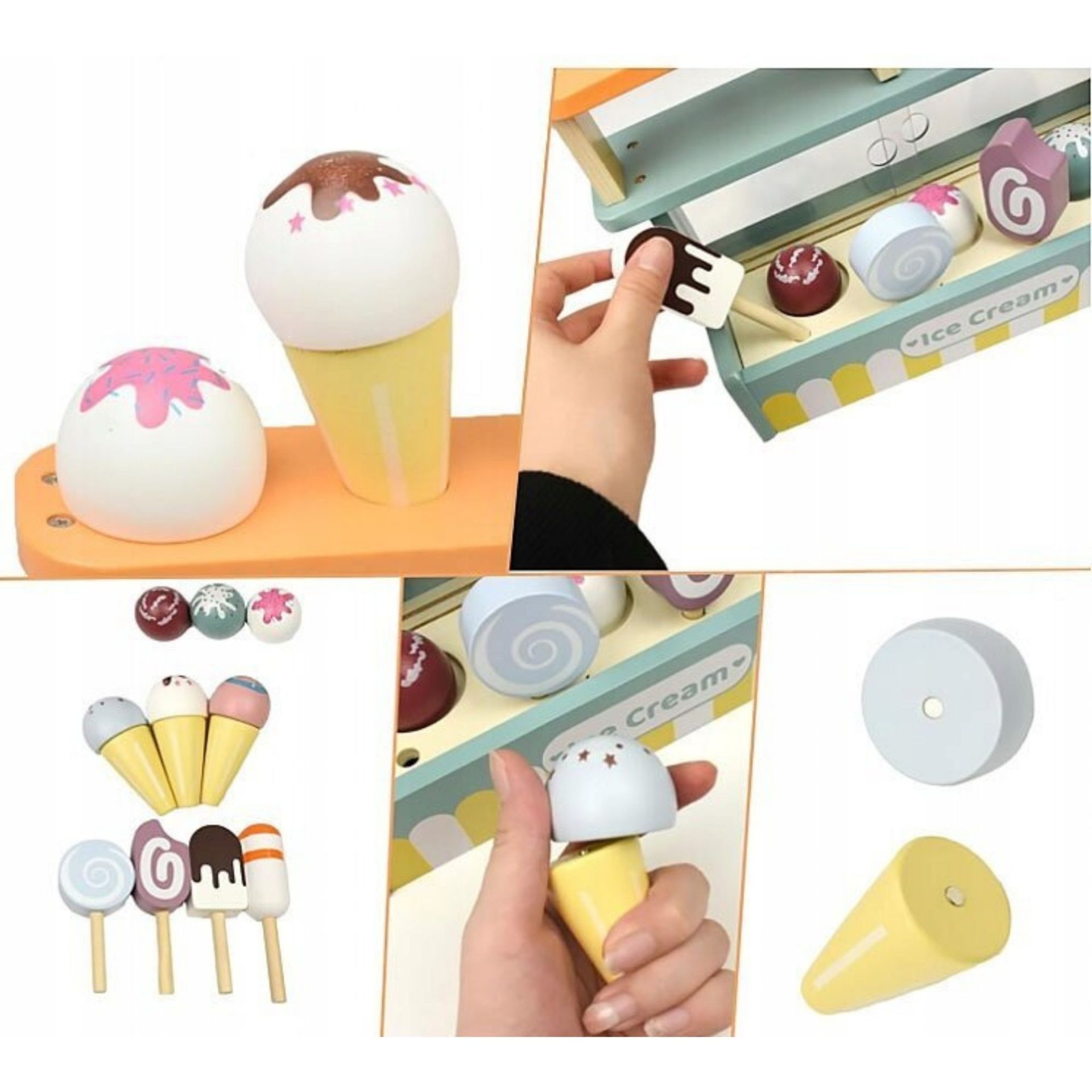 Set de Joaca Montessori, , Stand de Inghetata din Lemn cu Elemente Magnetice, Jucarie Educativa si Interactiva pentru Copii, Joc de Rol Complet, 3 ani+, Multicolor 3