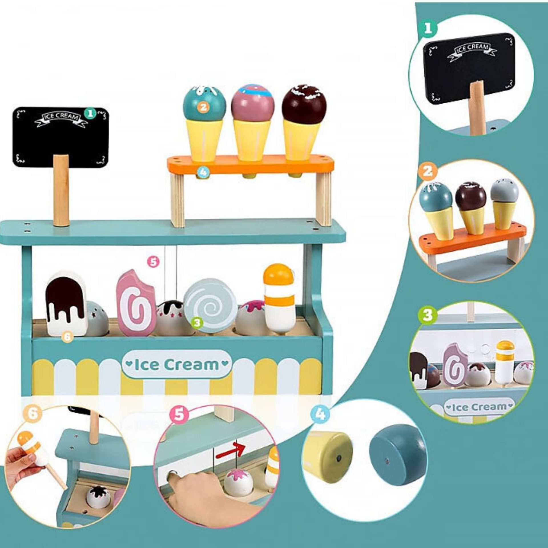 Set de Joaca Montessori, , Stand de Inghetata din Lemn cu Elemente Magnetice, Jucarie Educativa si Interactiva pentru Copii, Joc de Rol Complet, 3 ani+, Multicolor 4