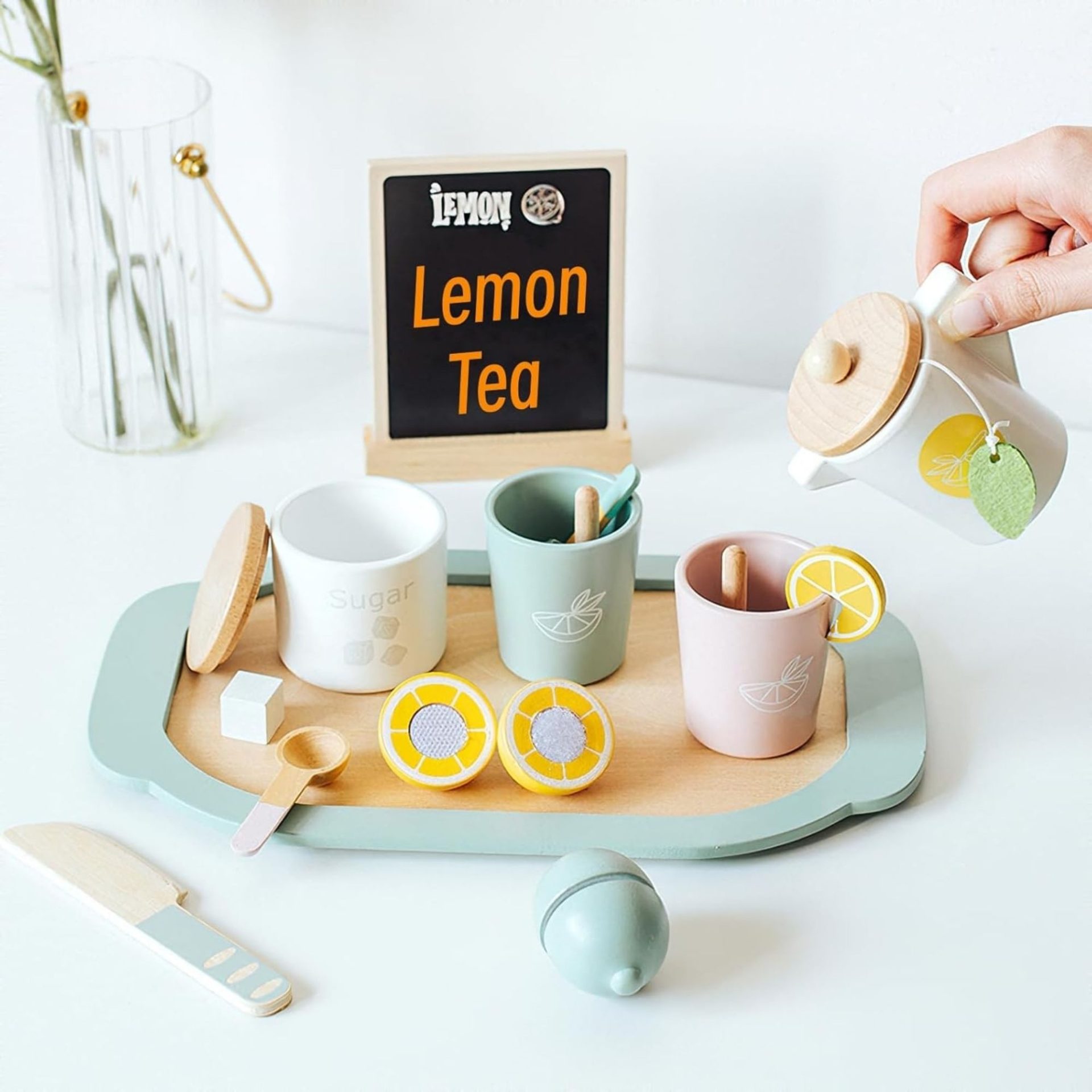 Jucarie Educativa Montessori din Lemn, , Joc Interactiv Model Lemon Tea cu Accesorii de Bucatarie, Dezvolta Motricitatea Fina, 3ani+, Multicolor 2
