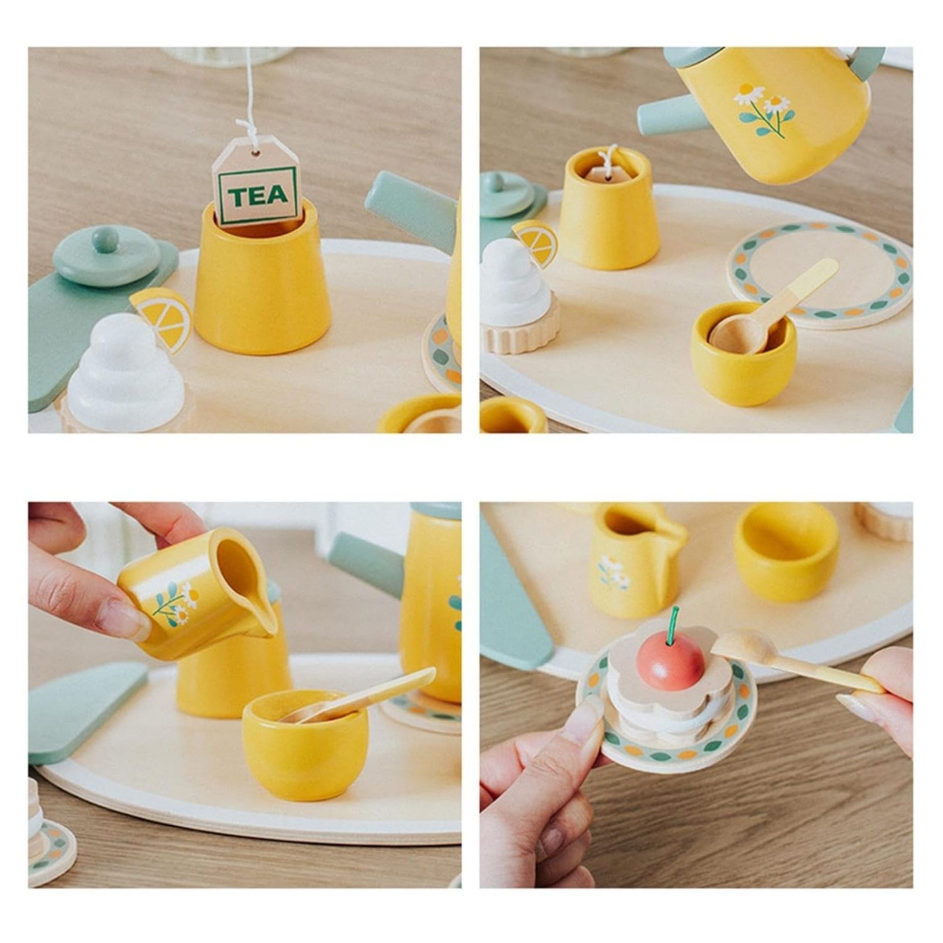 Jucarie Educativa Montessori din Lemn, , Set de Joaca Interactiv, Model Royal Tea cu Margarete si Prajituri, Dezvolta Motricitatea si Abilitatile Sociale, 3ani+, Multicolor 3