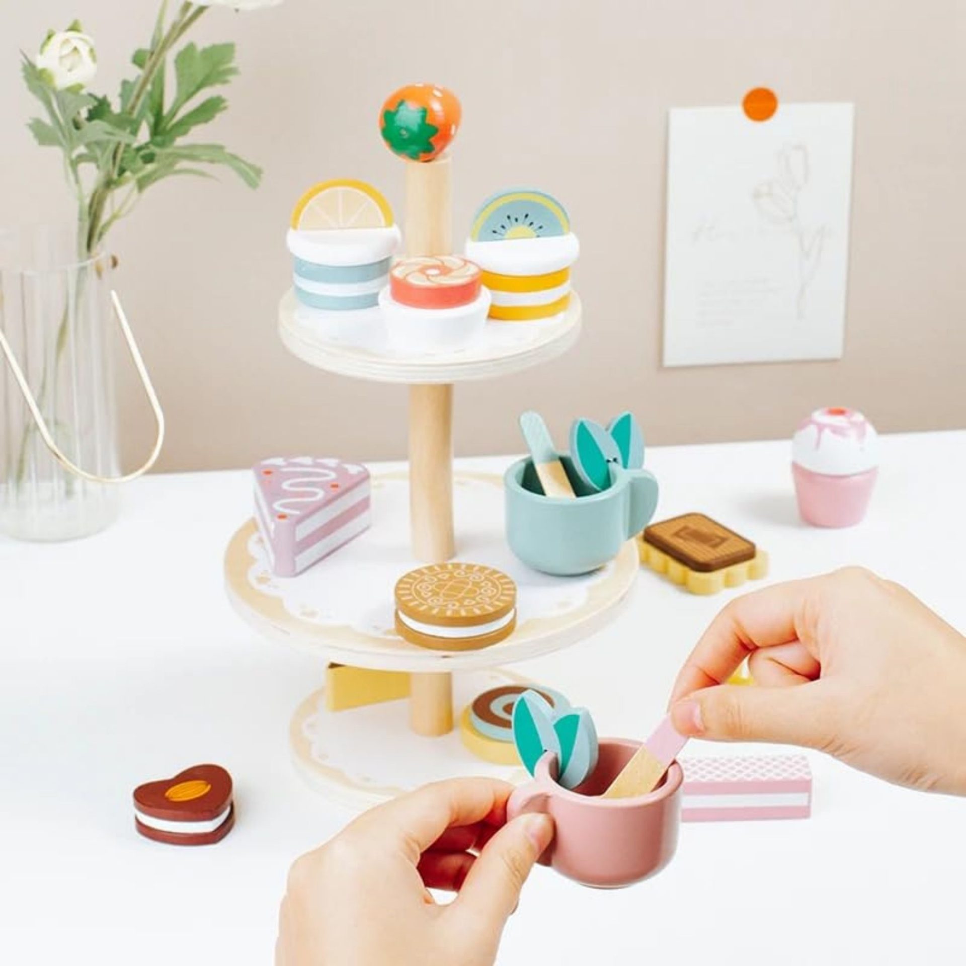 Jucarie Educativa Montessori din Lemn, , Set de Joaca Interactiv, Model Etajera cu 3 Niveluri pentru Deserturi si Prajituri, Dezvolta Motricitatea si Imaginatia, 3ani+, Multicolor 2