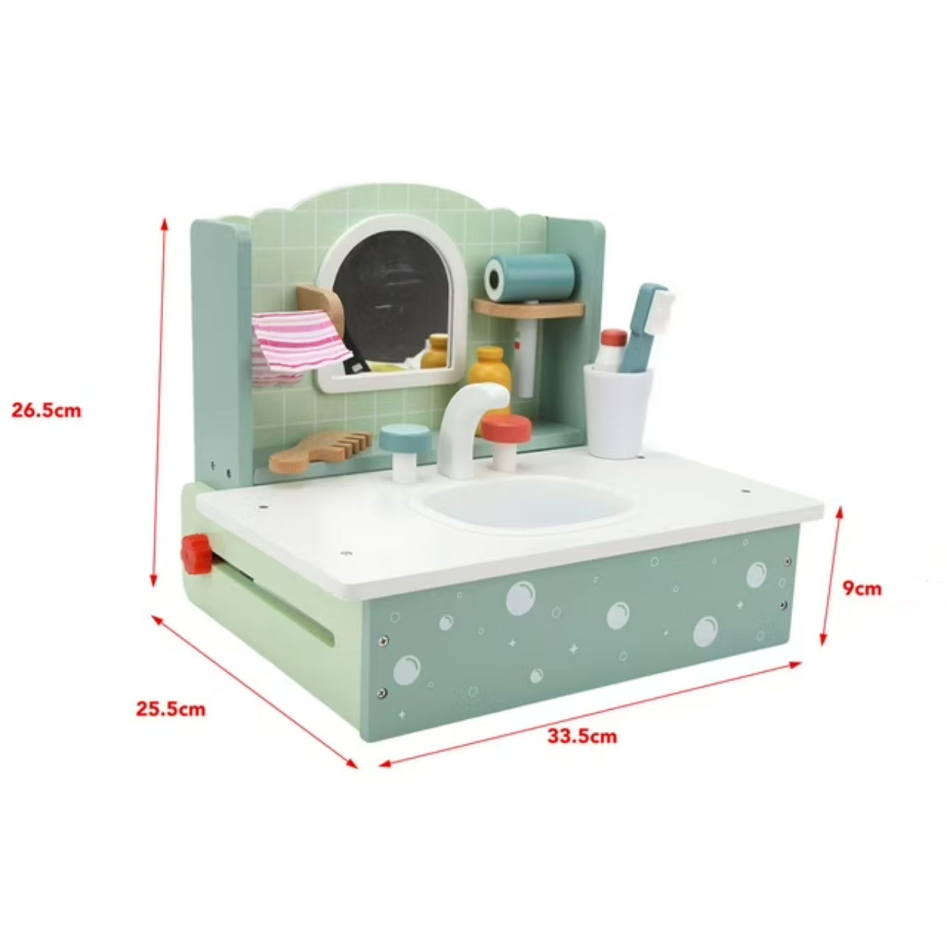 Jucarie Educativa Montessori din Lemn, , Masuta de Toaleta si Lavoar Interactiv pentru Copii, Set de Joaca cu Accesorii de Baie si Ingrijire, 2 kg, 3 ani+, Multicolor 3