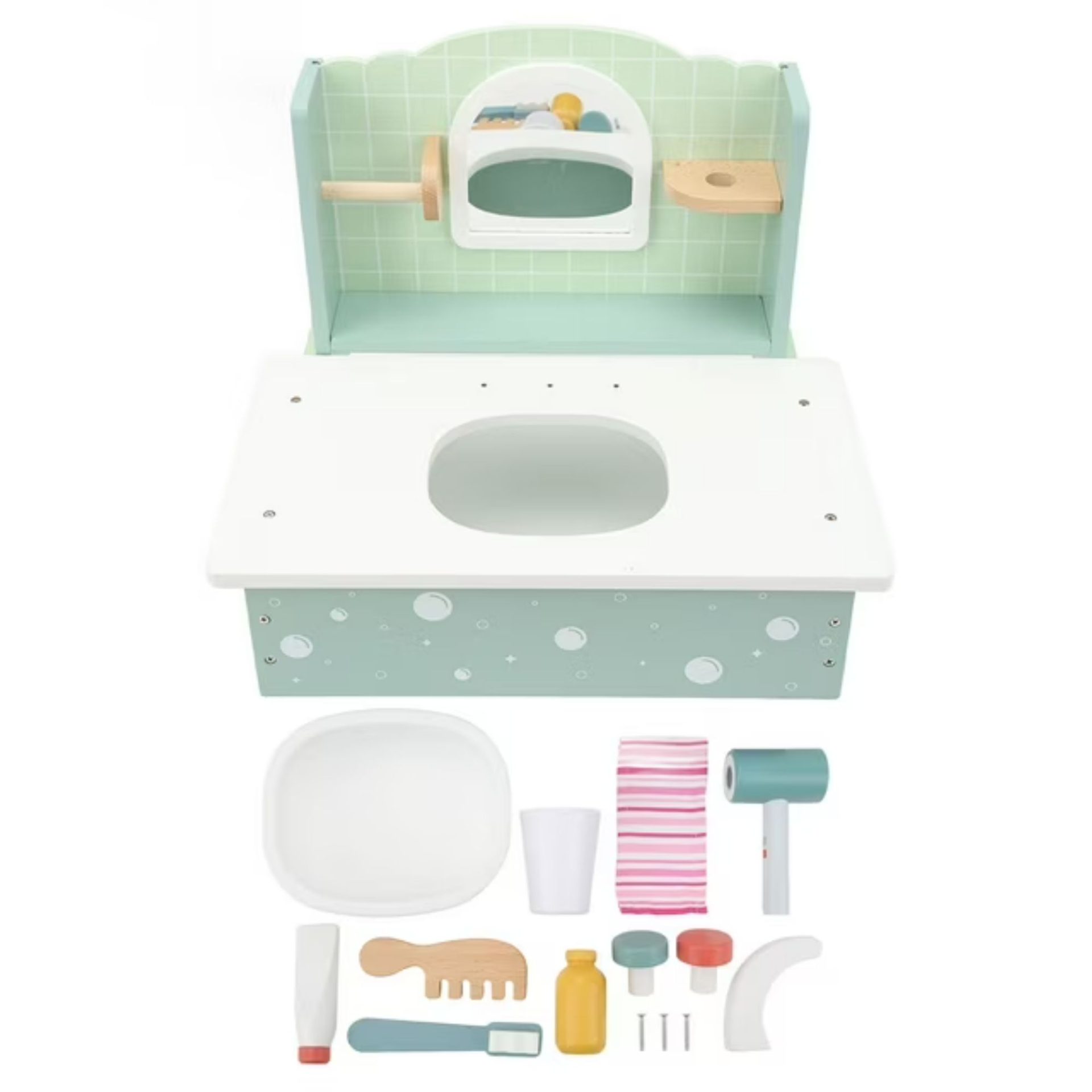 Jucarie Educativa Montessori din Lemn, , Masuta de Toaleta si Lavoar Interactiv pentru Copii, Set de Joaca cu Accesorii de Baie si Ingrijire, 2 kg, 3 ani+, Multicolor 5