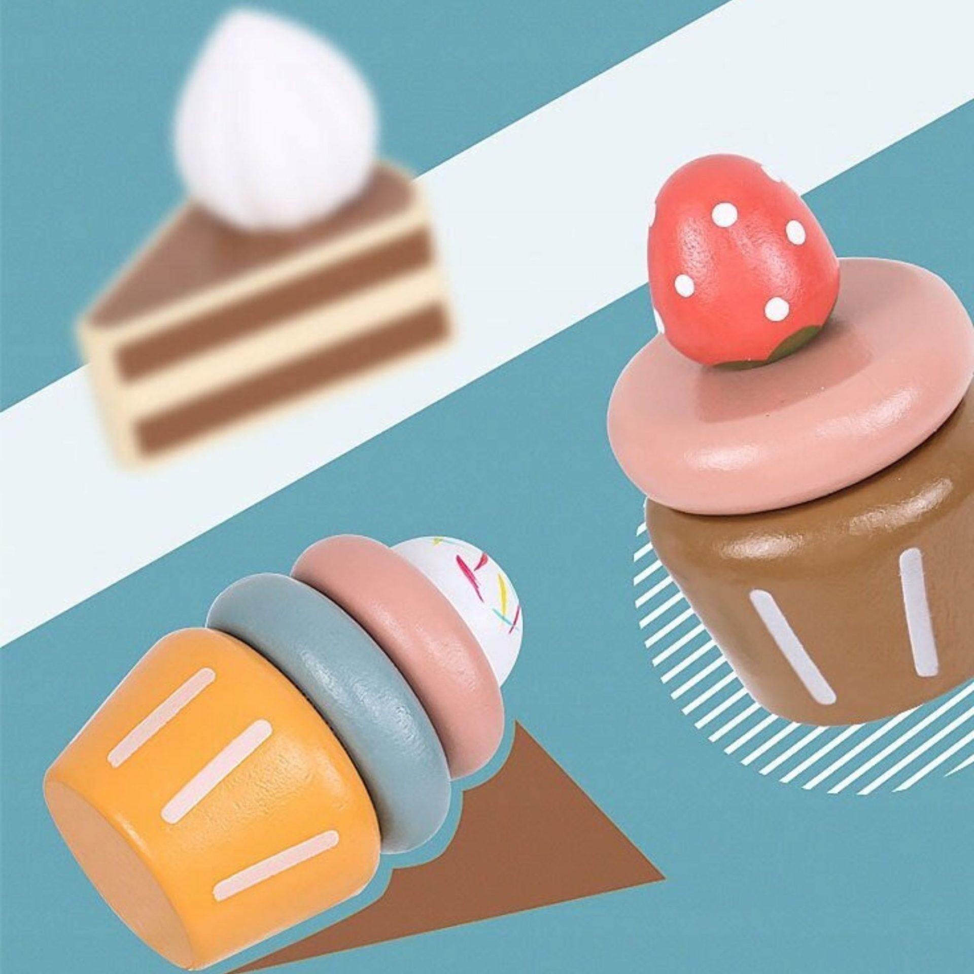 Jucarie Educativa Montessori din Lemn, , Set de Joaca Interactiv, Model Royal Afternoon Tea cu Etajera 2 Niveluri si Prajituri, Dezvolta Motricitatea si Imaginatia, 3ani+, Multicolor 5