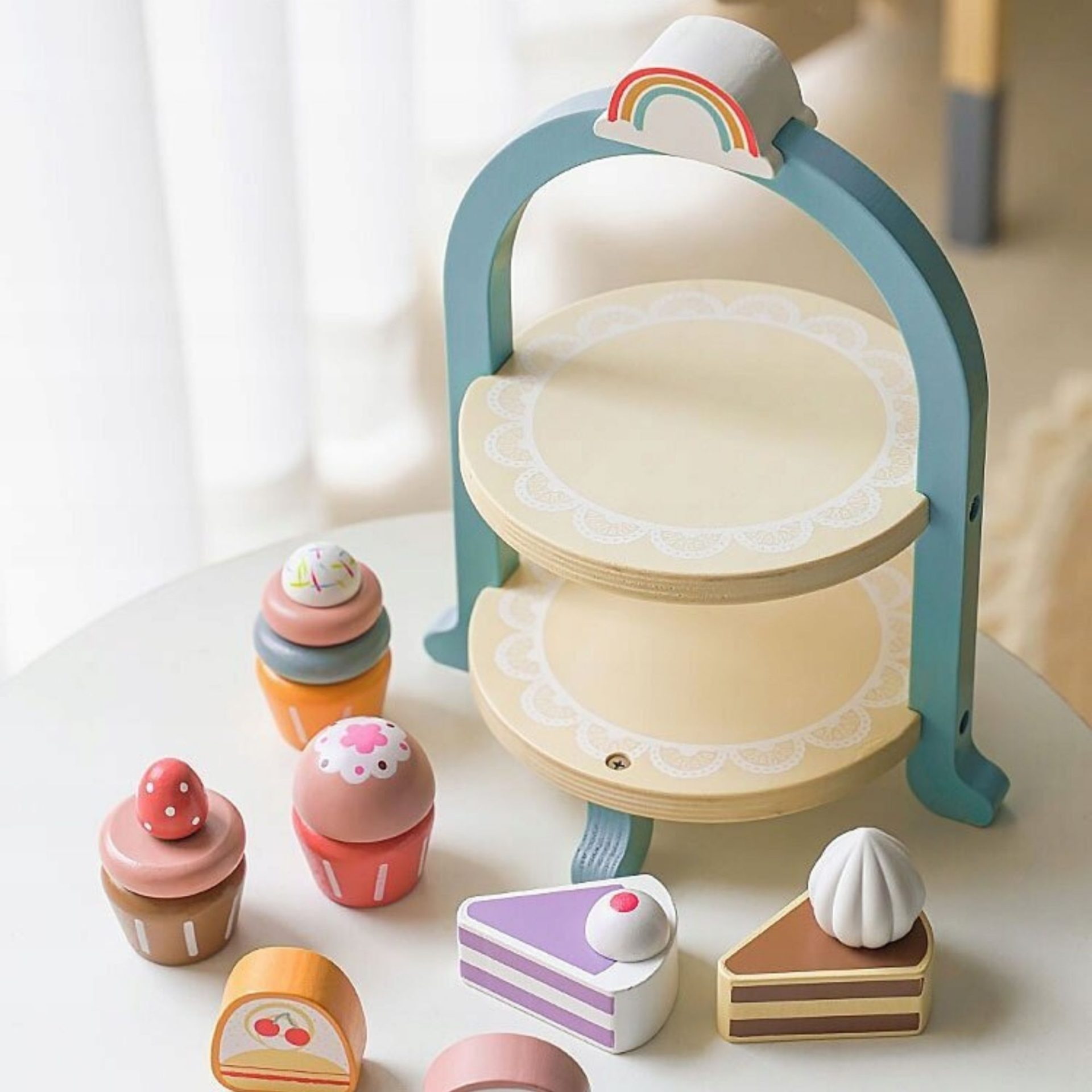 Jucarie Educativa Montessori din Lemn, , Set de Joaca Interactiv, Model Royal Afternoon Tea cu Etajera 2 Niveluri si Prajituri, Dezvolta Motricitatea si Imaginatia, 3ani+, Multicolor 3
