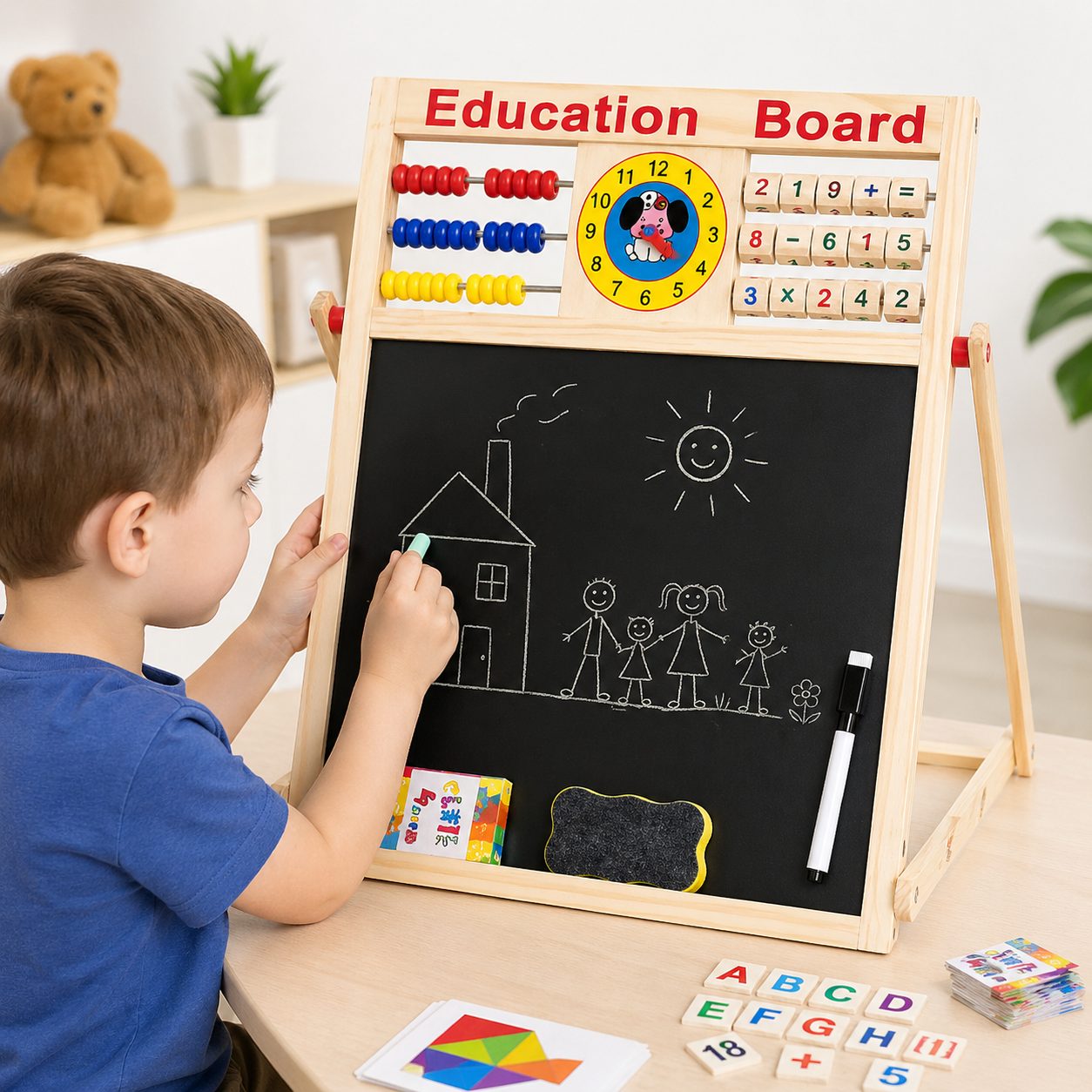 Tablă educativă cu abac și ceas