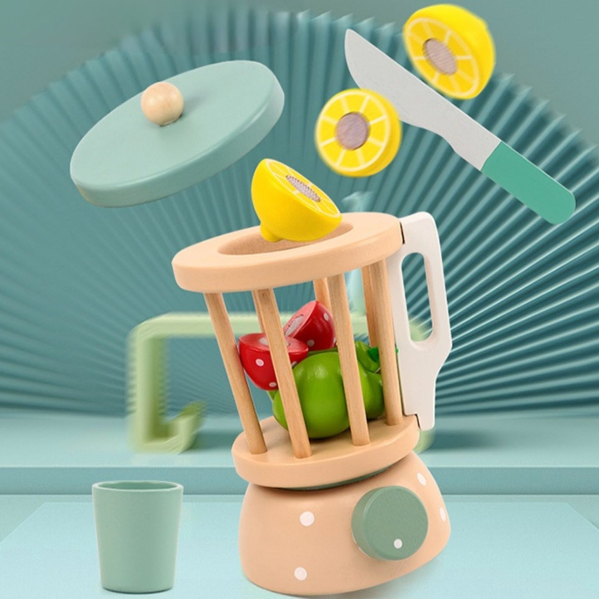 Jucarie Educativa Montessori din Lemn, , Set de Joaca Interactiv, Model Storcator de Fructe cu Blender si Accesorii, Dezvolta Motricitatea si Imaginatia, 3ani+, Multicolor 4