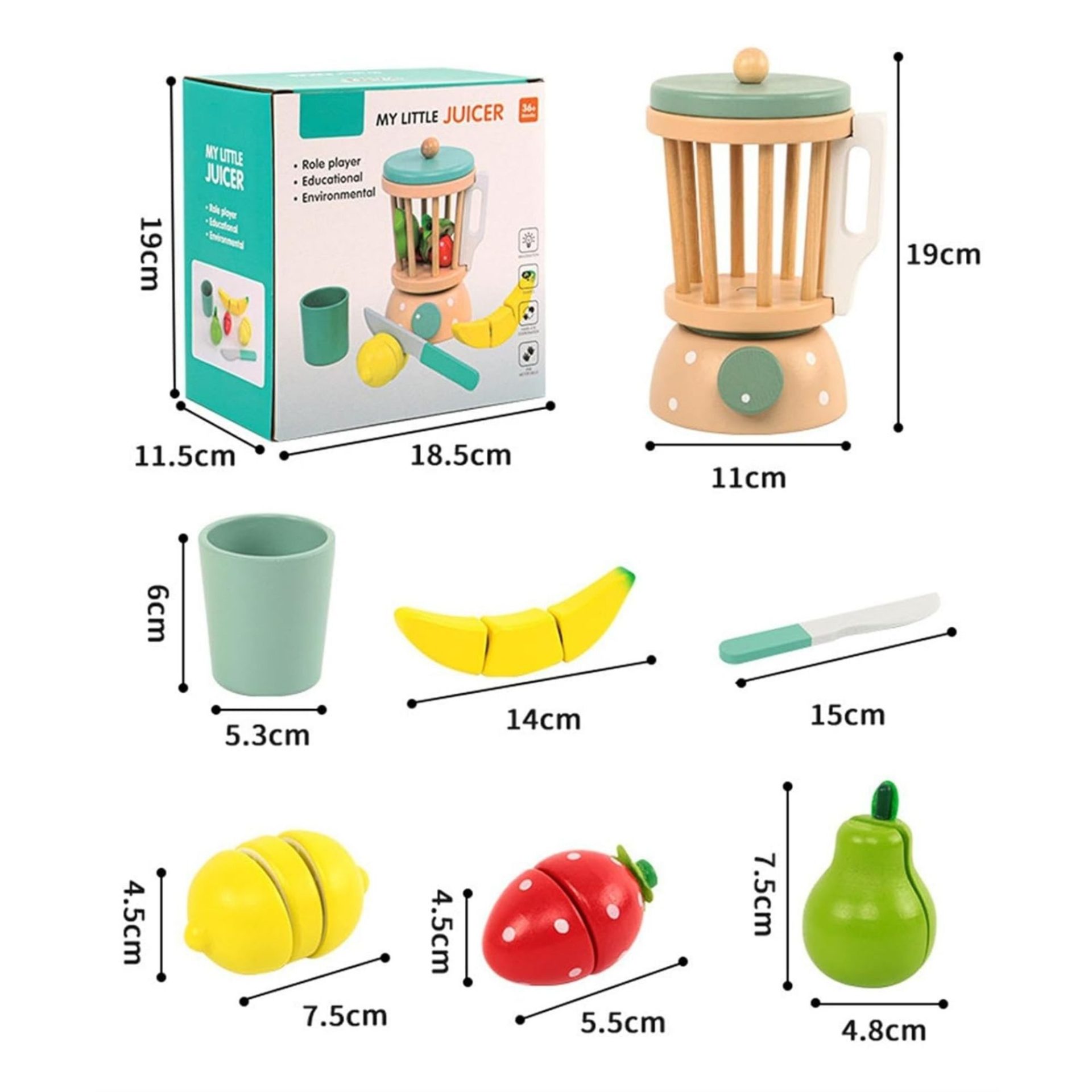 Jucarie Educativa Montessori din Lemn, , Set de Joaca Interactiv, Model Storcator de Fructe cu Blender si Accesorii, Dezvolta Motricitatea si Imaginatia, 3ani+, Multicolor 2